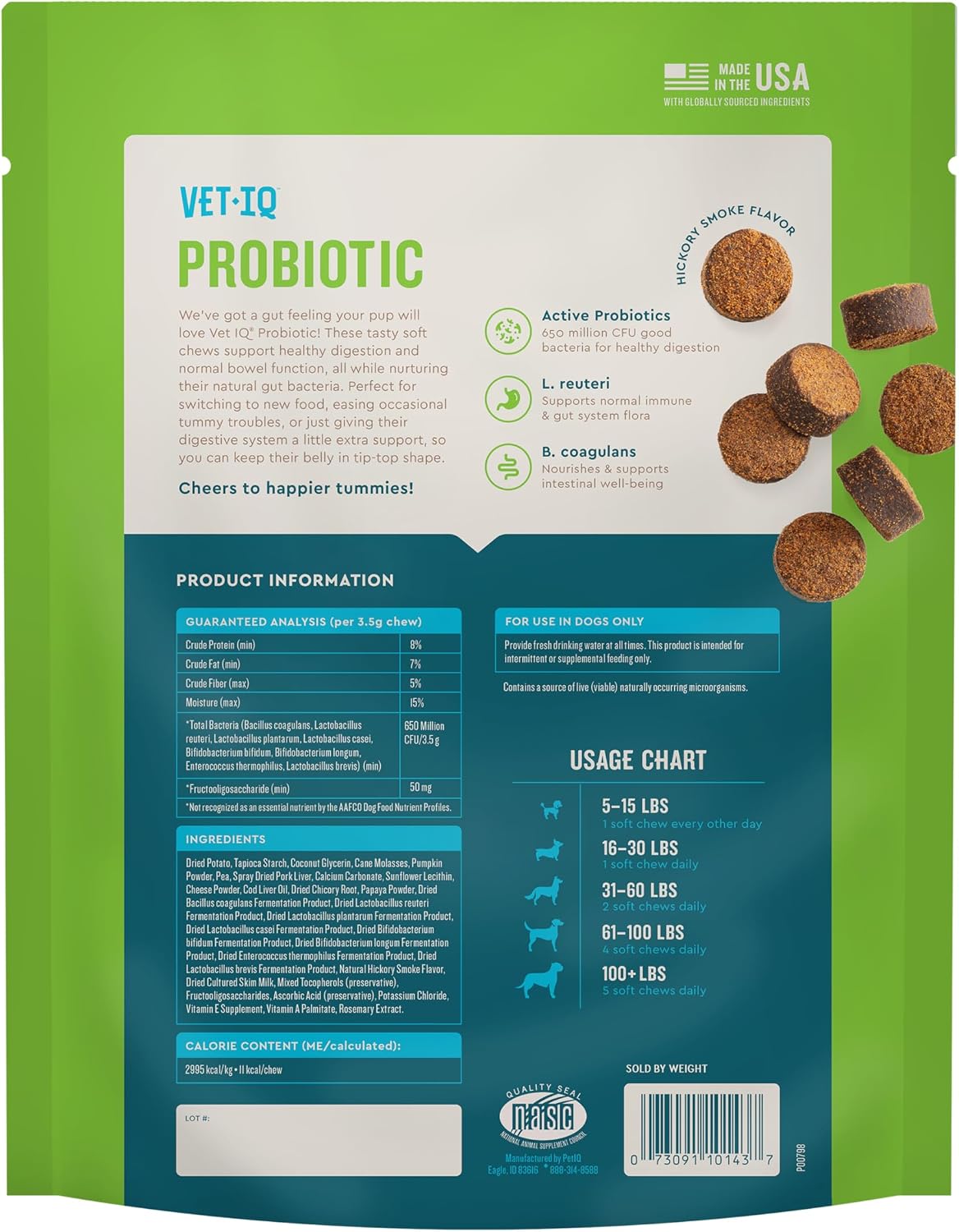 VetIQ Probiótico para Perros - Apoyo Digestivo - Sabor Ahumado - 180 Masticables Blandos