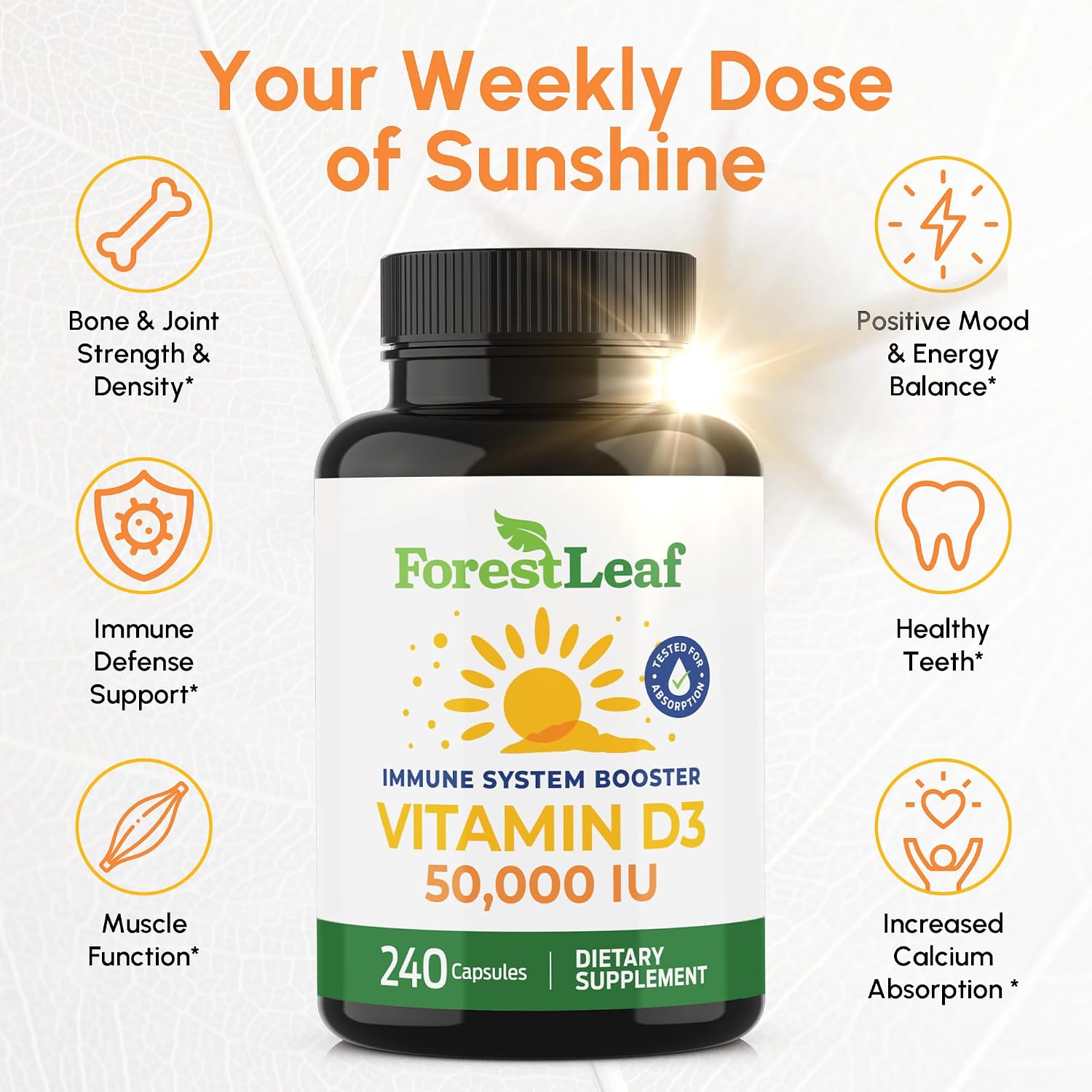 ForestLeaf Vitamina D3 50,000 UI | Suplemento de Vitamina D3 para Hombres y Mujeres | Salud Ósea, Dientes, Apoyo Inmunológico | Fácil de Tragar | Dosis Semanal, 240 Cápsulas (4 Años de Suministro)