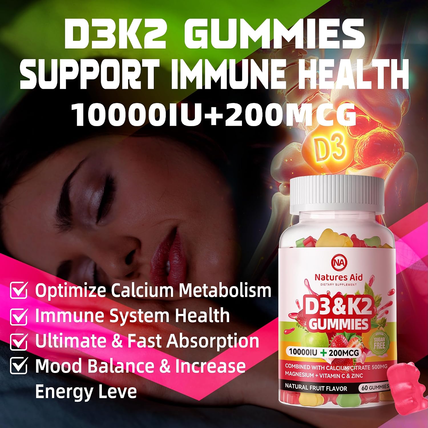 Natures Aid Gominolas de Vitamina D3 y K2 sin Azúcar con Calcio, Magnesio, Vitamina C y Zinc - 60 Gominolas Veganas