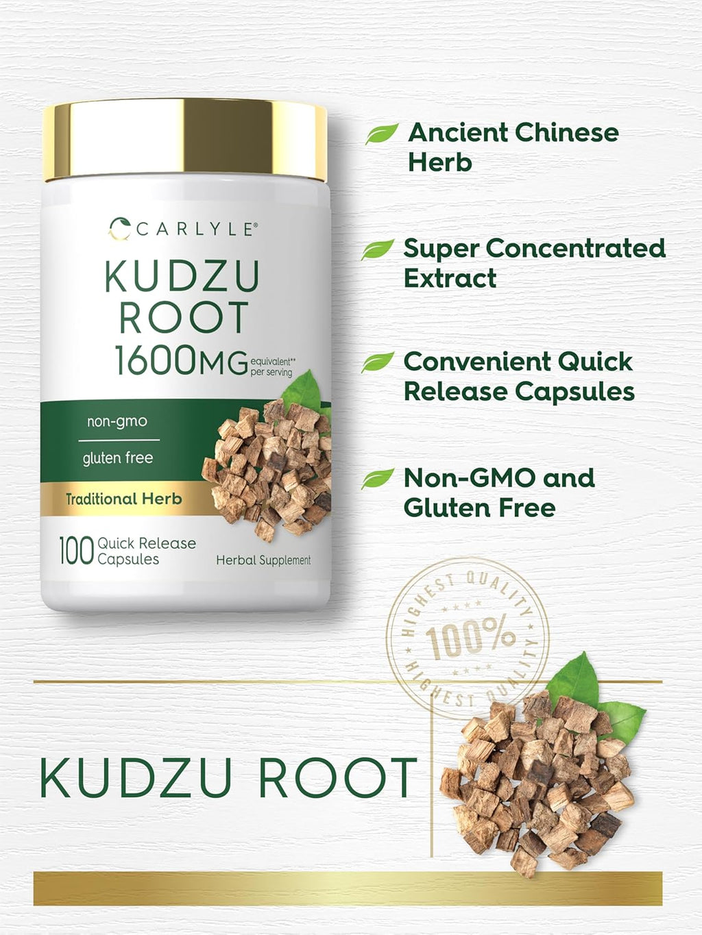 Carlyle Raíz de Kudzu Extracto | 100 Cápsulas | Fórmula No-GMO y Sin Gluten | Suplemento Herbal Tradicional