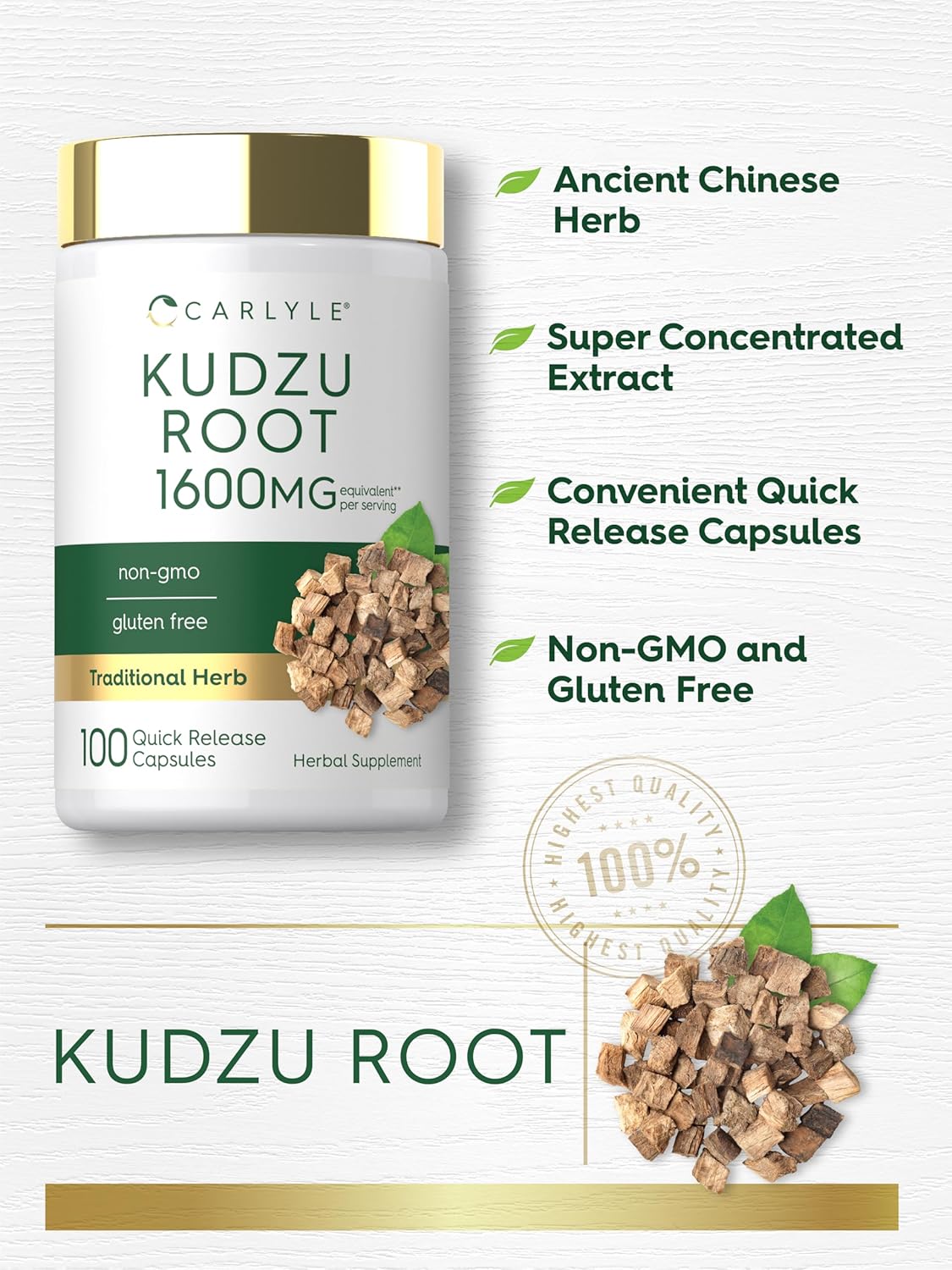 Carlyle Raíz de Kudzu Extracto | 100 Cápsulas | Fórmula No-GMO y Sin Gluten | Suplemento Herbal Tradicional