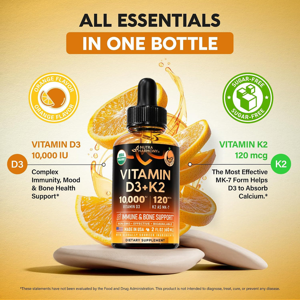Vitamin D3 K2 USDA Organic Drops - Vitamina D3 10000 IU & K2 como MK-7 120mcg - Apoyo Inmune y de Ánimo, Salud de Huesos y Dientes - Sin Azúcar, Sabor Naranja - Suplemento Líquido - 60 ml, 60 Días