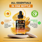 Vitamin D3 K2 USDA Organic Drops - Vitamina D3 10000 IU & K2 como MK-7 120mcg - Apoyo Inmune y de Ánimo, Salud de Huesos y Dientes - Sin Azúcar, Sabor Naranja - Suplemento Líquido - 60 ml, 60 Días