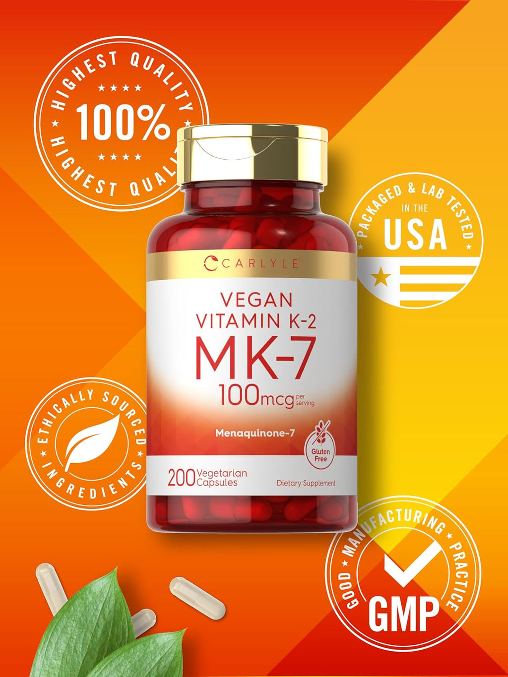 Carlyle MK-7 Vitamina K2 100 mcg | 200 Cápsulas | Suplemento Vegano, No GMO y Sin Gluten