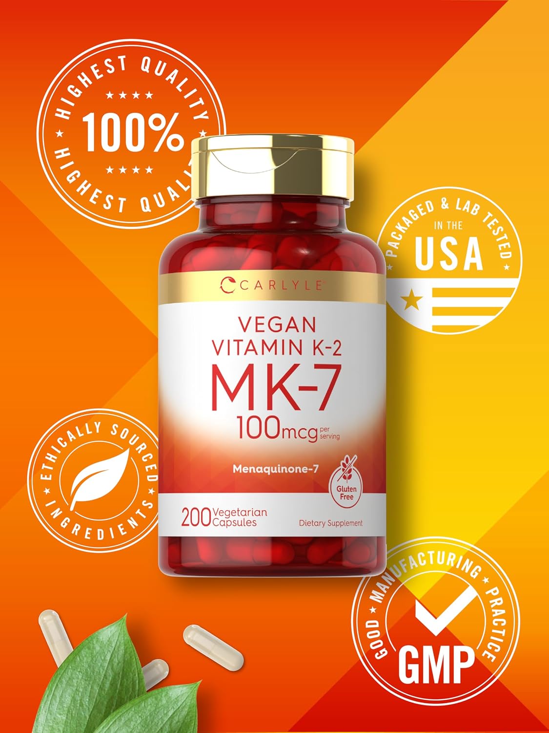 Carlyle MK-7 Vitamina K2 100 mcg | 200 Cápsulas | Suplemento Vegano, No GMO y Sin Gluten