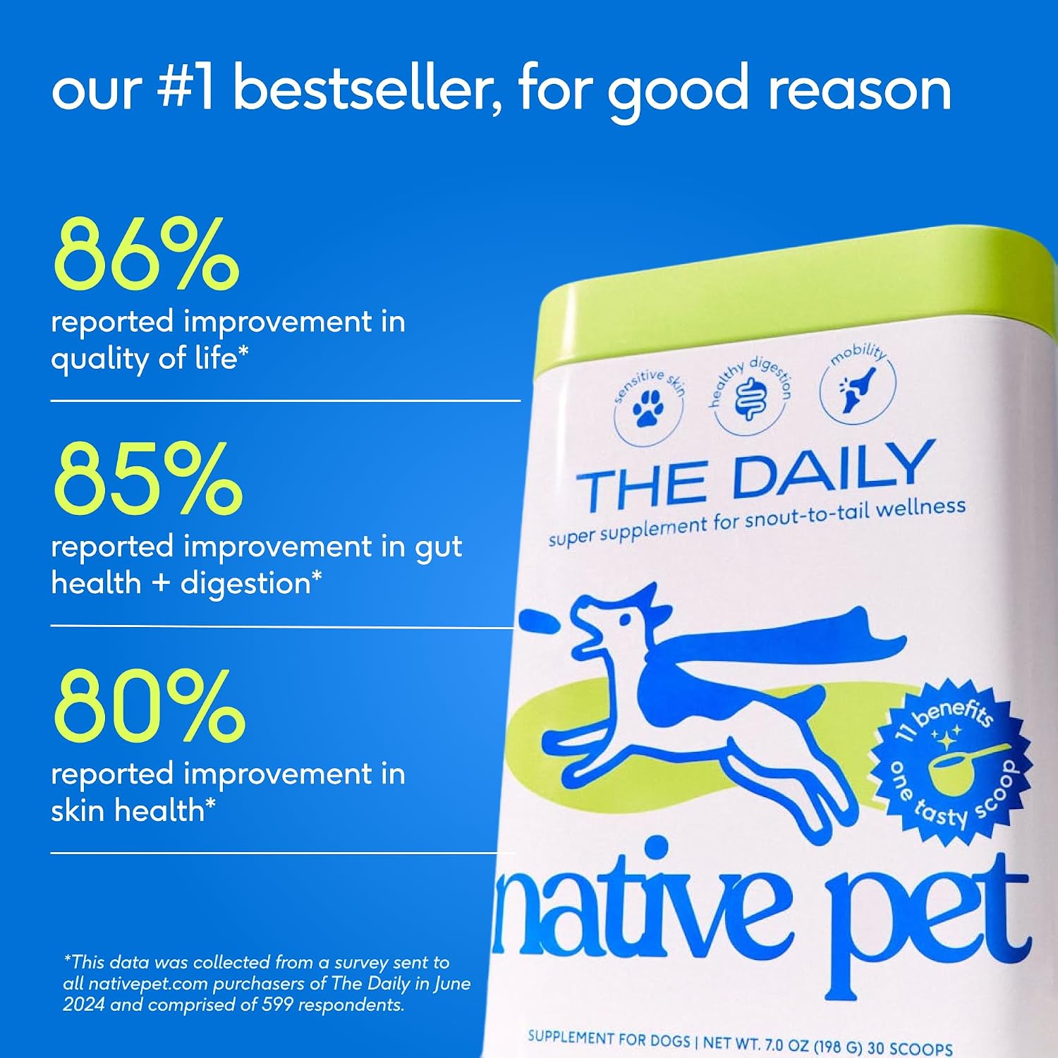 Native Pet The Daily Dog - Vitaminas y Suplementos Diarios para Perros - Multivitamínico en Polvo 11 en 1 - Apoya la Salud General, Digestión, Movilidad e Inmunidad con Colágeno, Glucosamina y Probióticos – 120 Dosis