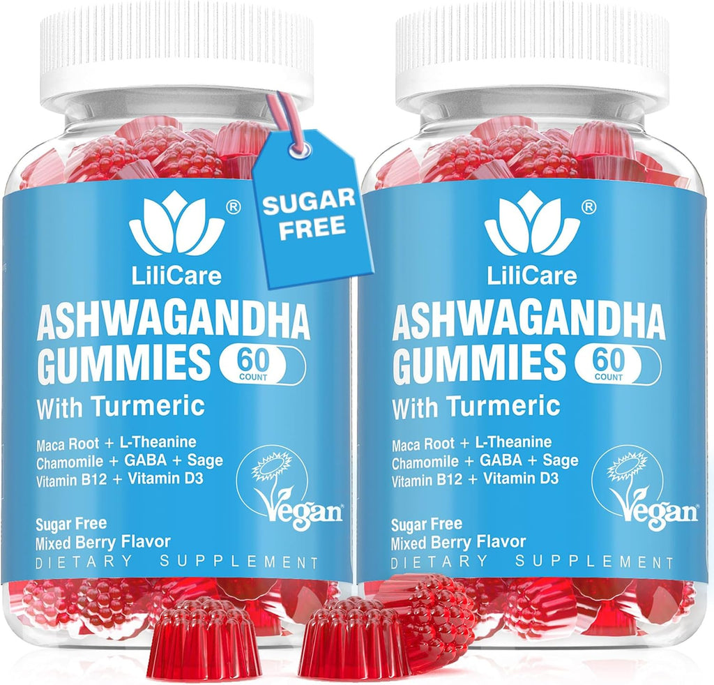 Ashwagandha Gummies 2000mg Orgánico Sin Azúcar - Vitamina D3, B12 y Cúrcuma - 120 Gominolas