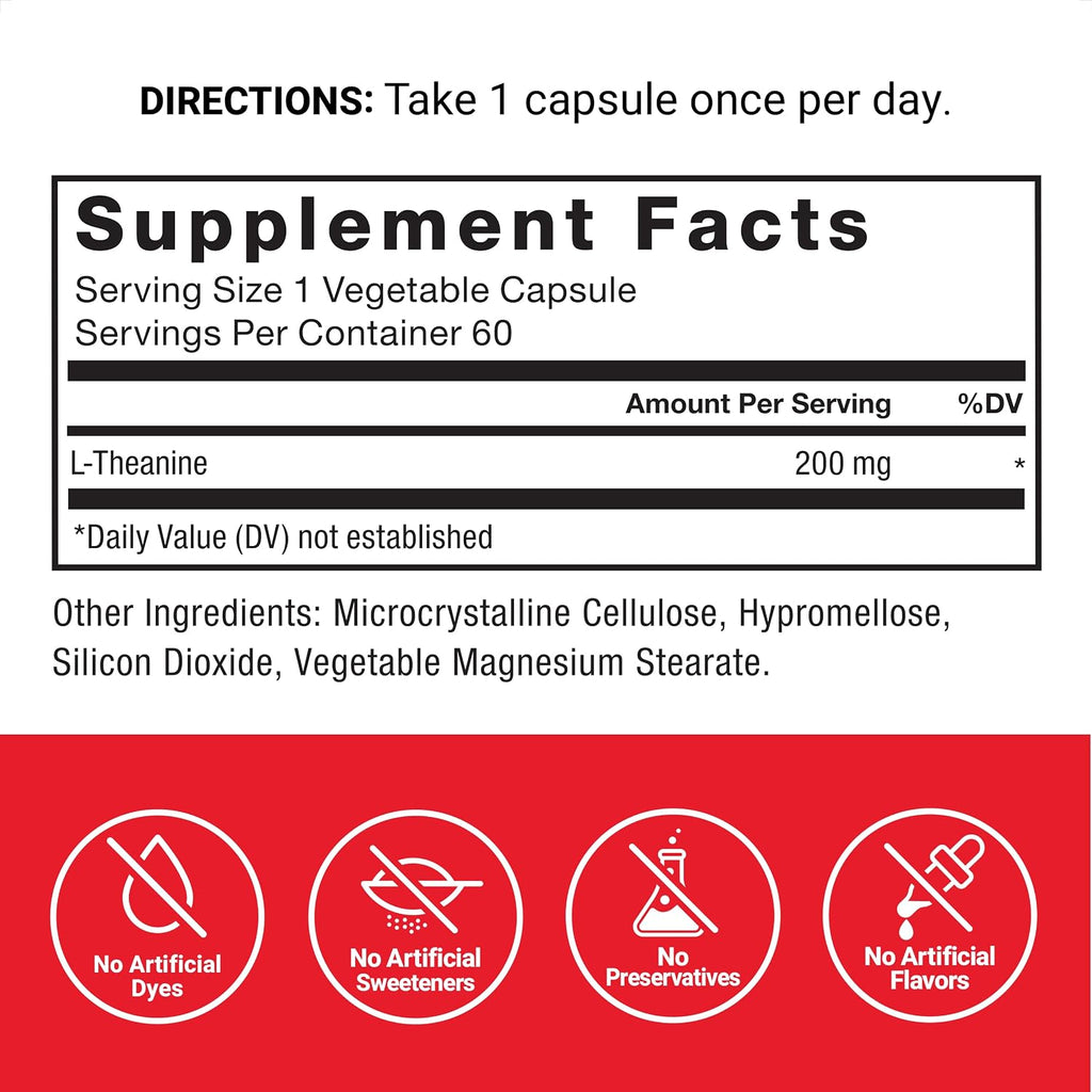 Force Factor L-Teanina 200mg, Suplemento Extra Fuerte para el Alivio del Estrés y la Relajación, Vegano, Sin OGM, 60 Cápsulas Vegetales