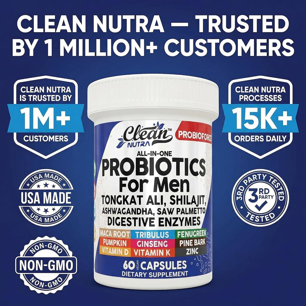 Clean Nutra Probiótico para Hombres - Complejo con Hierbas, Enzimas y Probióticos - 60 Cápsulas
