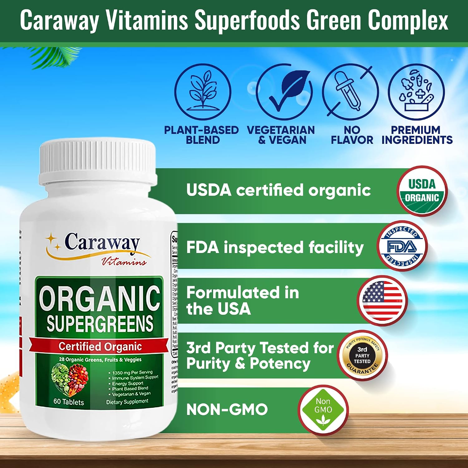 Caraway Vitamins Organic Superfoods Greens Complex - 60 Comprimidos Veganos