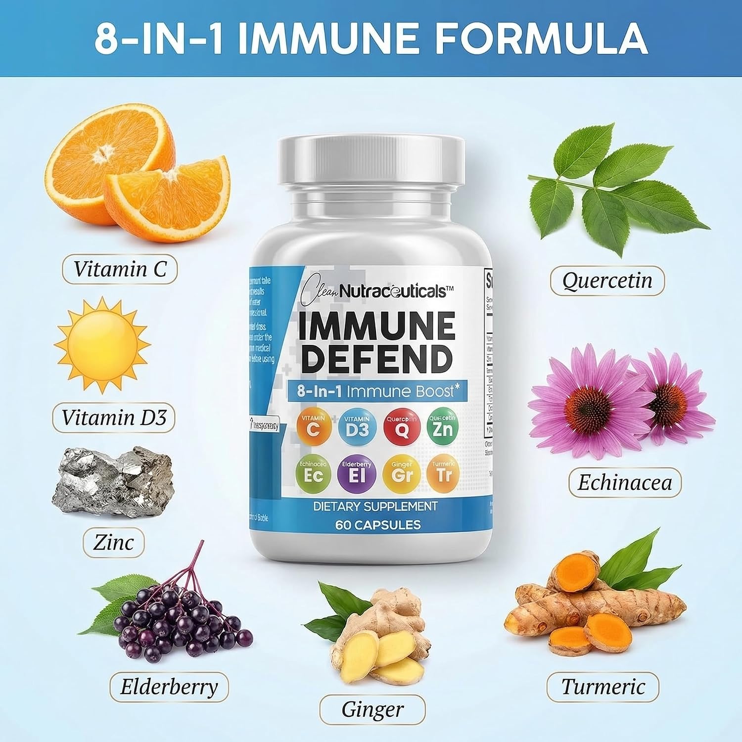 Clean Nutraceuticals Immune Defense Support – Suplemento 8 en 1 con Zinc 50mg, Quercetina, Vitamina C 1000mg, Vitamina D3 5000 UI, Saúco, Jengibre – 60 cápsulas veganas