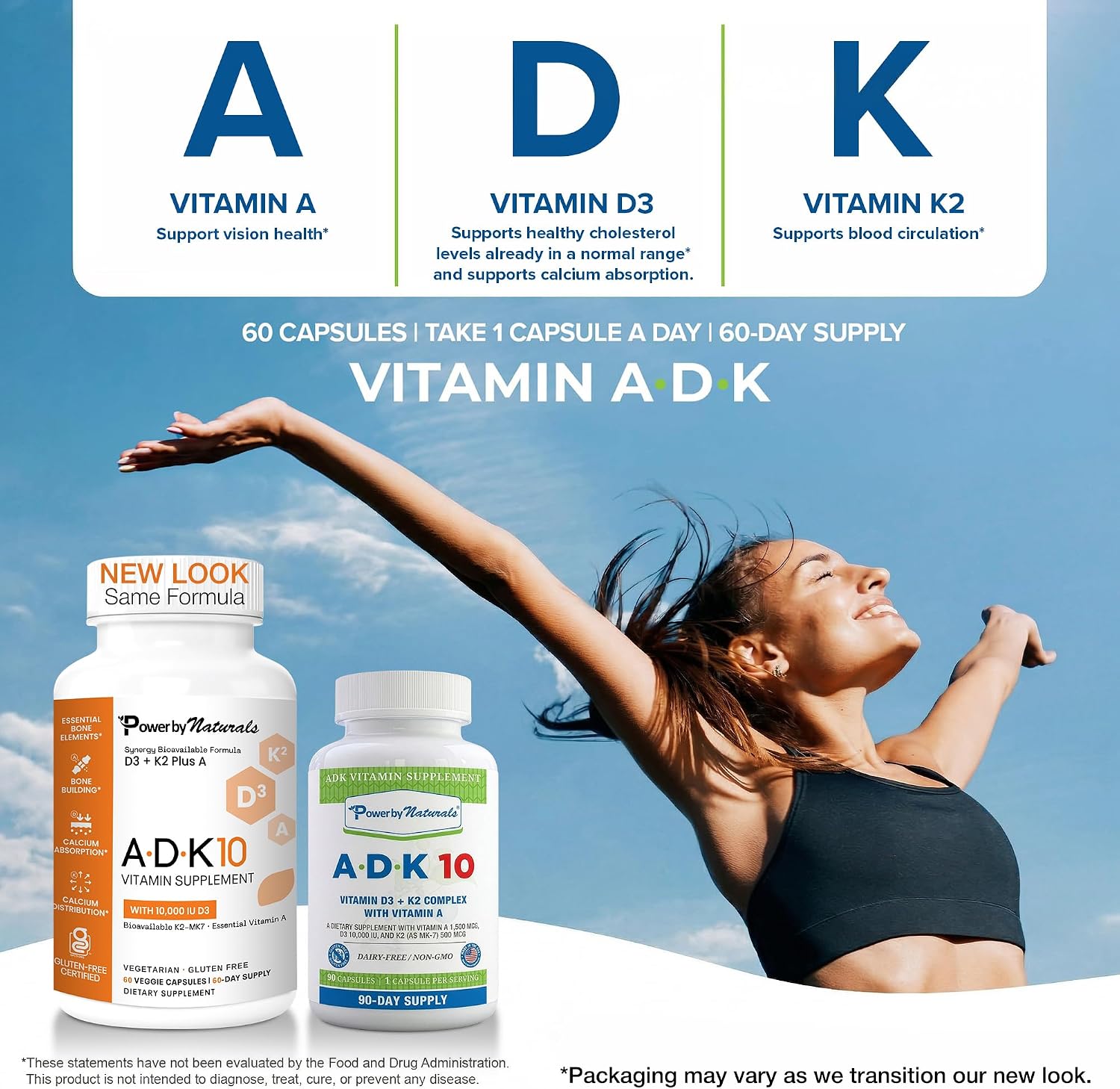 Power By Naturals ADK Vitamin Supplement – Vitaminas A, D3 (250 mcg) y K2 MK-7 – 180 Cápsulas (2 Paquetes, 6 Meses)