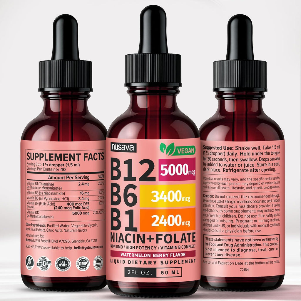 NUSAVA Gotas de Vitamina B12 Líquida 5000mcg - Complejo B con B6, B1, Niacina y Ácido Fólico - Metilcobalamina, Vegano, Sin Gluten, Sabor a Sandía y Bayas (2 Pack, 60 ml)