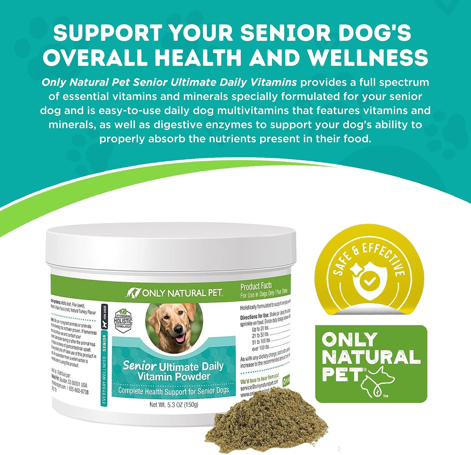 Only Natural Pet Senior Ultimate Daily - Suplemento vitamínico para perros mayores - 150 g en polvo sabor pavo