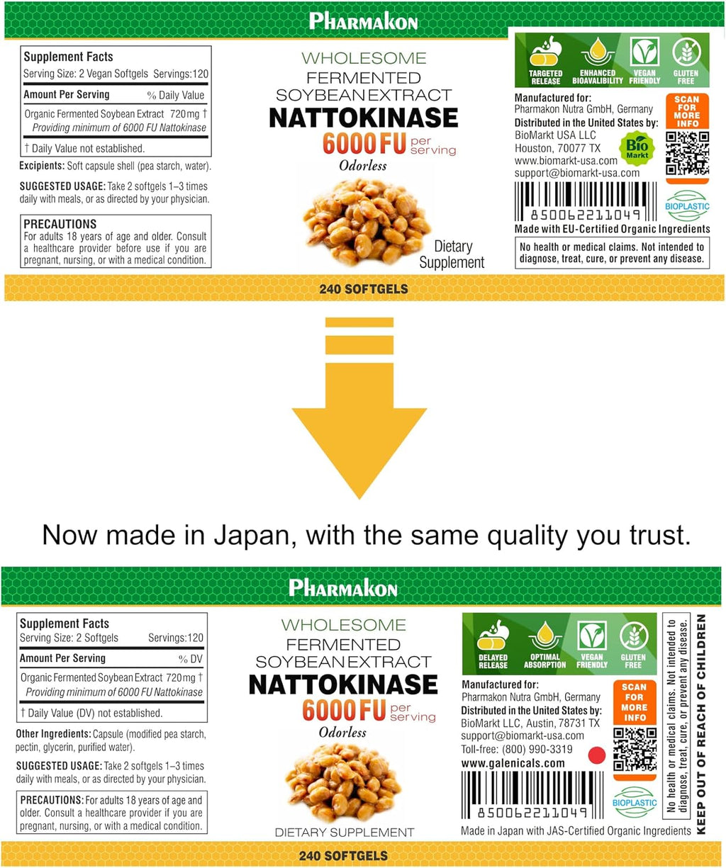 PHARMAKON Nattokinase, Cápsulas Blandas, 6000 FU por Dosis, Extracto Ecológico de Soja Fermentada