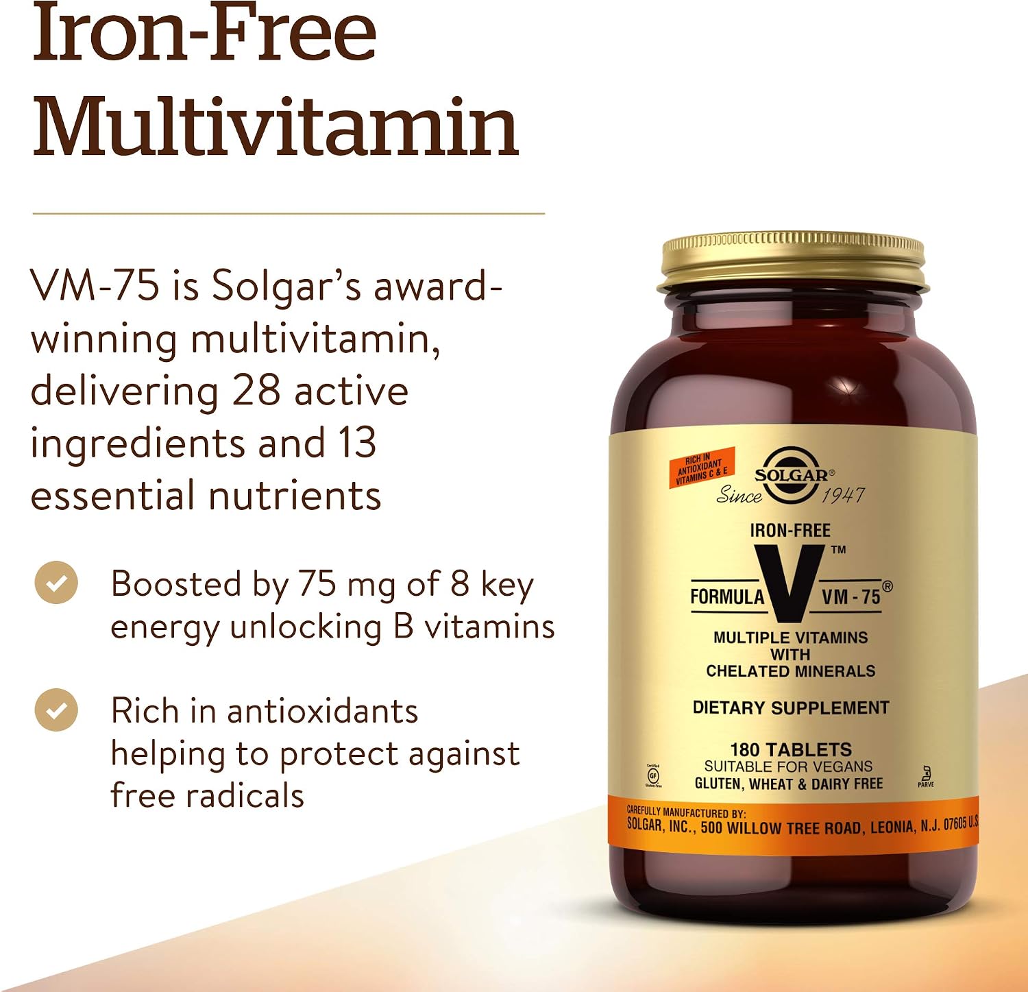 Solgar Formula VM-75 sin hierro, 180 comprimidos - Multivitamínico con minerales quelados