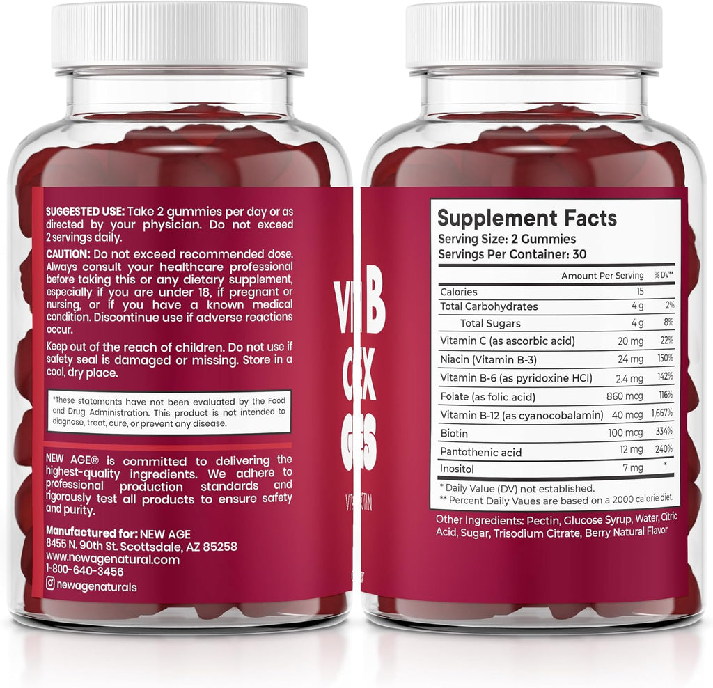 NEW AGE Complejo B Gominolas con Vitaminas B3, B6, B12, Biotina, Ácido Fólico y Vitamina C - 120 Gominolas (2 Paquetes)