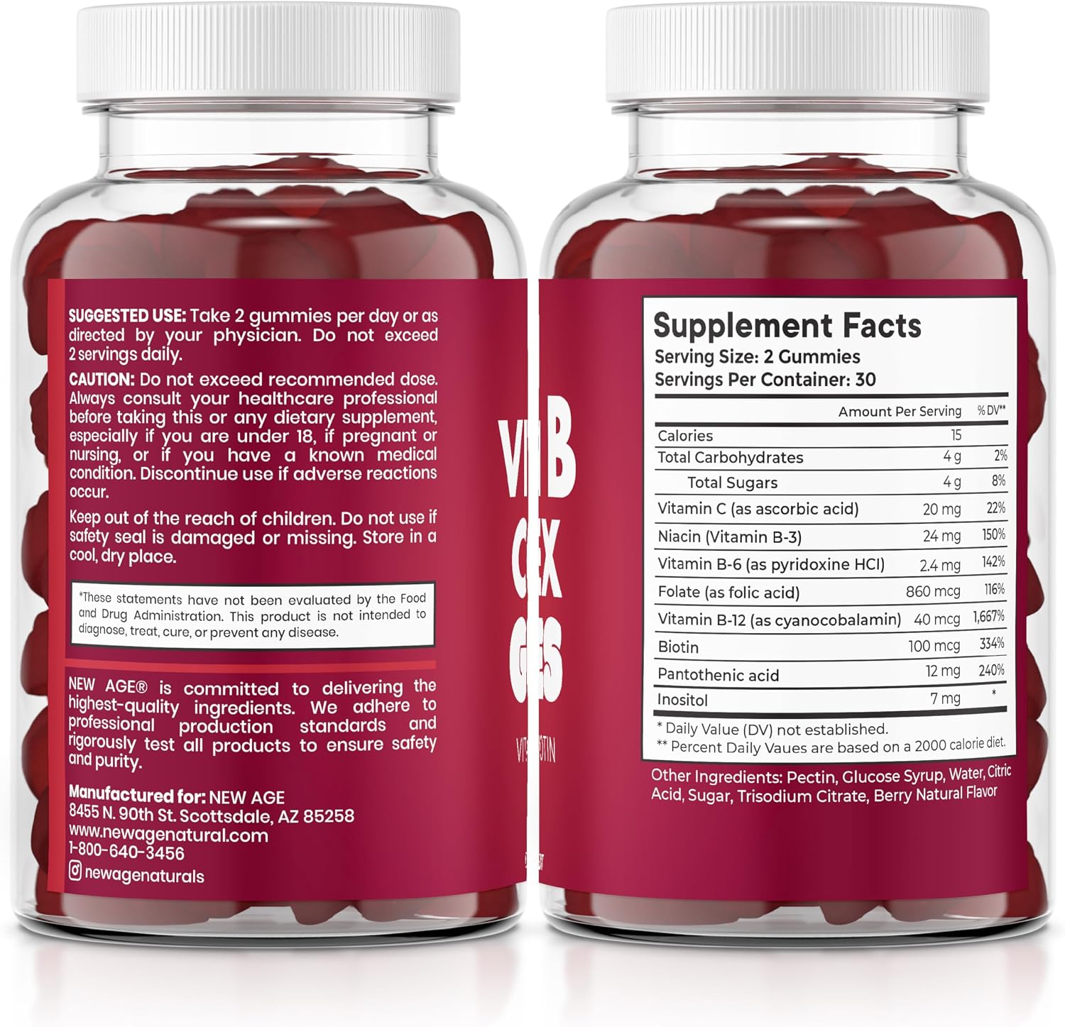 NEW AGE Complejo B Gominolas con Vitaminas B3, B6, B12, Biotina, Ácido Fólico y Vitamina C - 120 Gominolas (2 Paquetes)