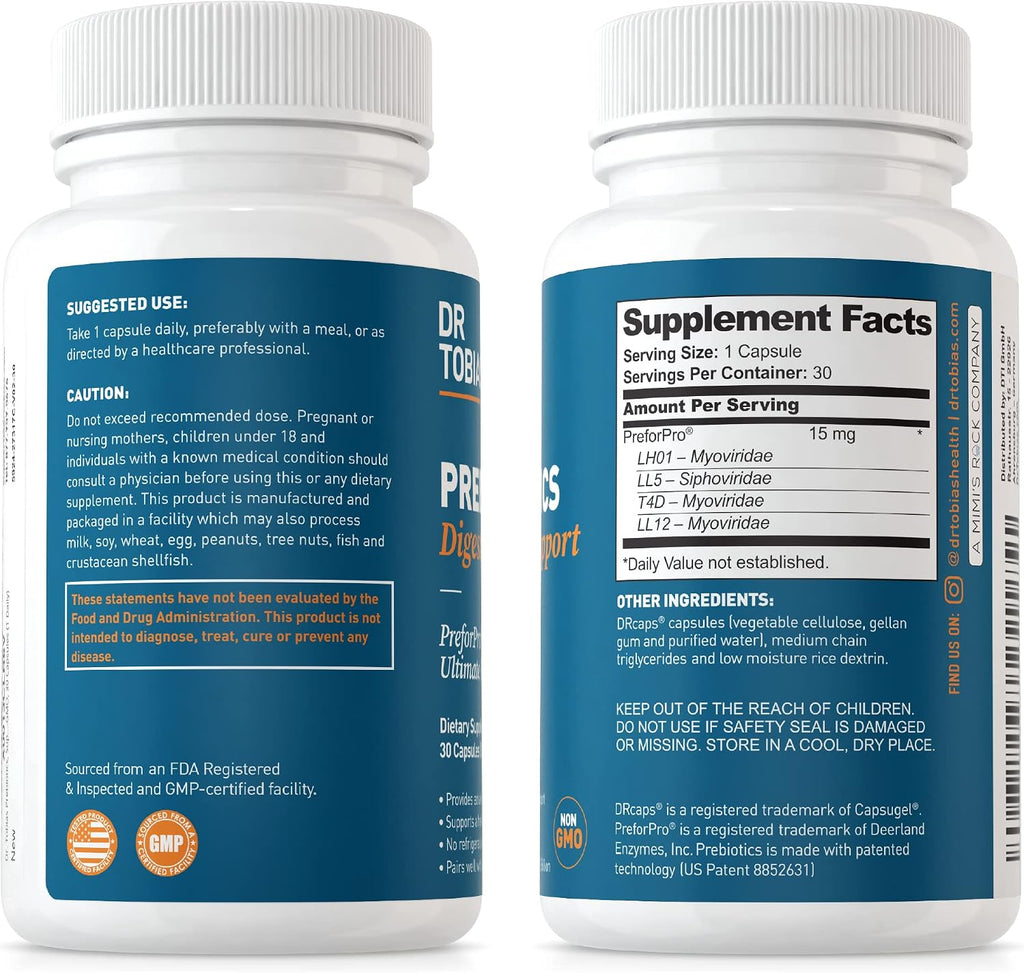 Dr. Tobias Prebiotics - 30 Capsules - Digestive Support and Gut Health