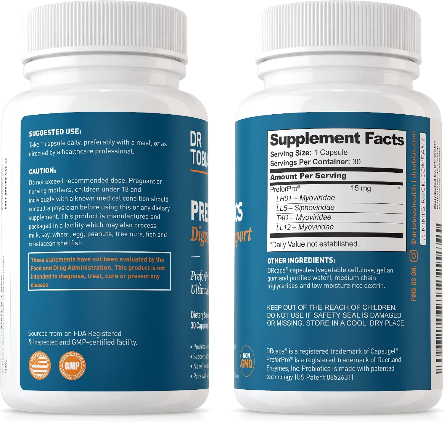 Dr. Tobias Prebiotics - 30 Capsules - Digestive Support and Gut Health