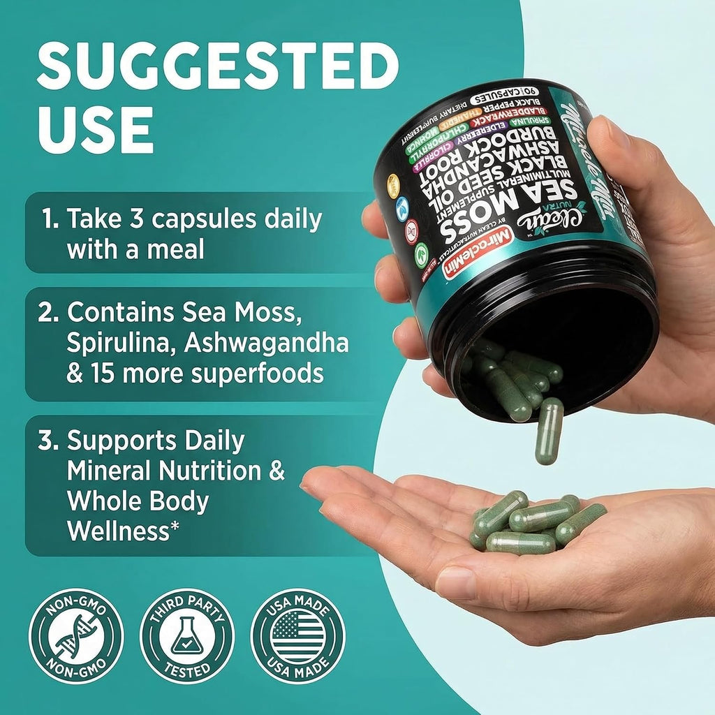 Clean Nutra Cápsulas Orgánicas de Musgo Marino con Ashwagandha, Aceite de Semilla Negra, Raíz de Bardana, Musgo de Vejiga, Moringa, Chlorella, Espirulina, Cúrcuma, Saúco, Amla – 90 Cápsulas Veganas – MiracleMin