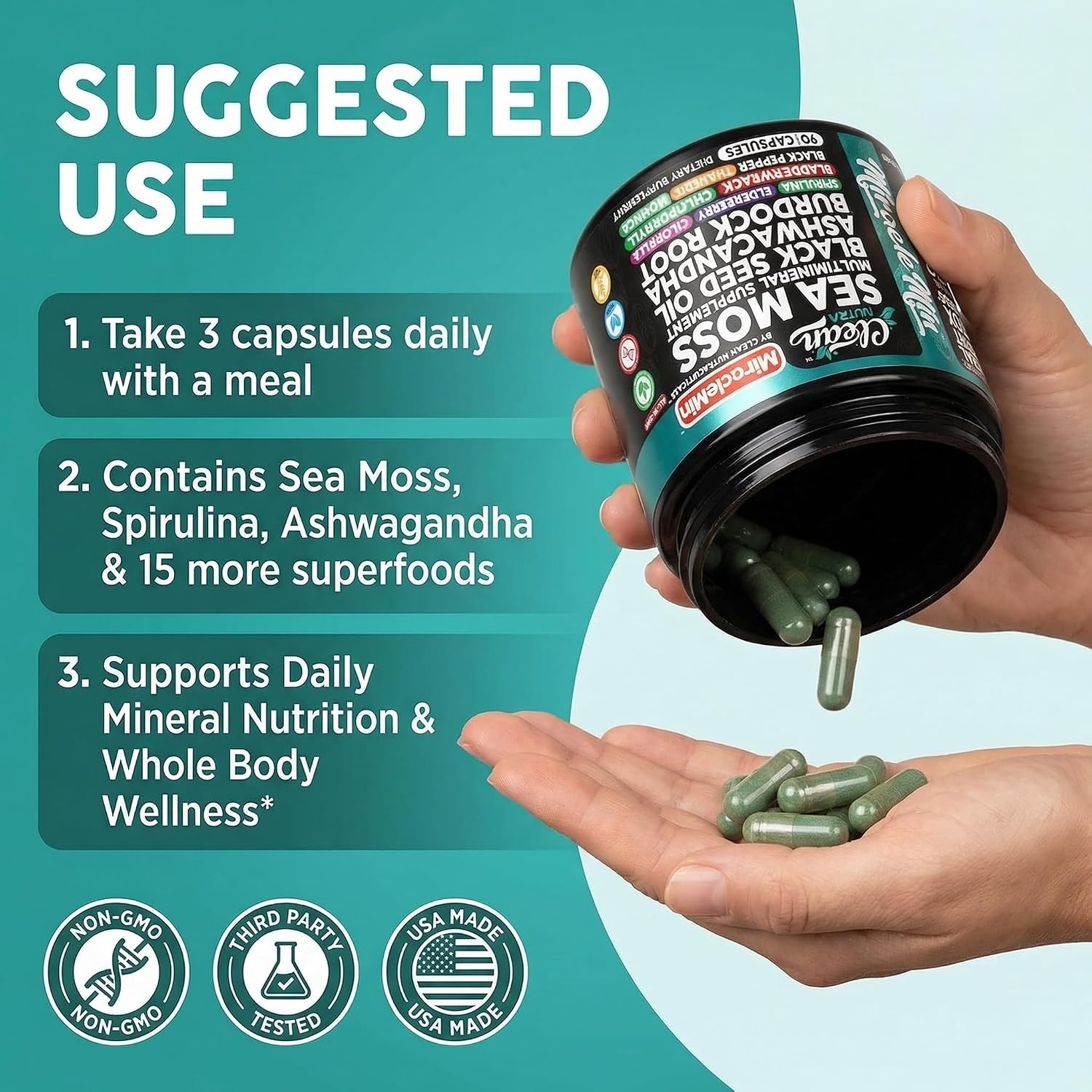 Clean Nutra Cápsulas Orgánicas de Musgo Marino con Ashwagandha, Aceite de Semilla Negra, Raíz de Bardana, Musgo de Vejiga, Moringa, Chlorella, Espirulina, Cúrcuma, Saúco, Amla – 90 Cápsulas Veganas – MiracleMin