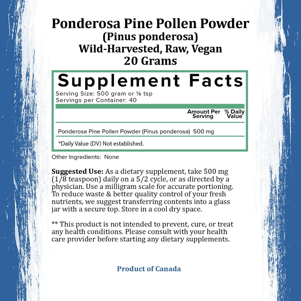 Polen de Pino en Polvo | Recolectado en la Naturaleza, Polen de Pino Canadiense Dorado | Polen del Pino Ponderosa, 20 g