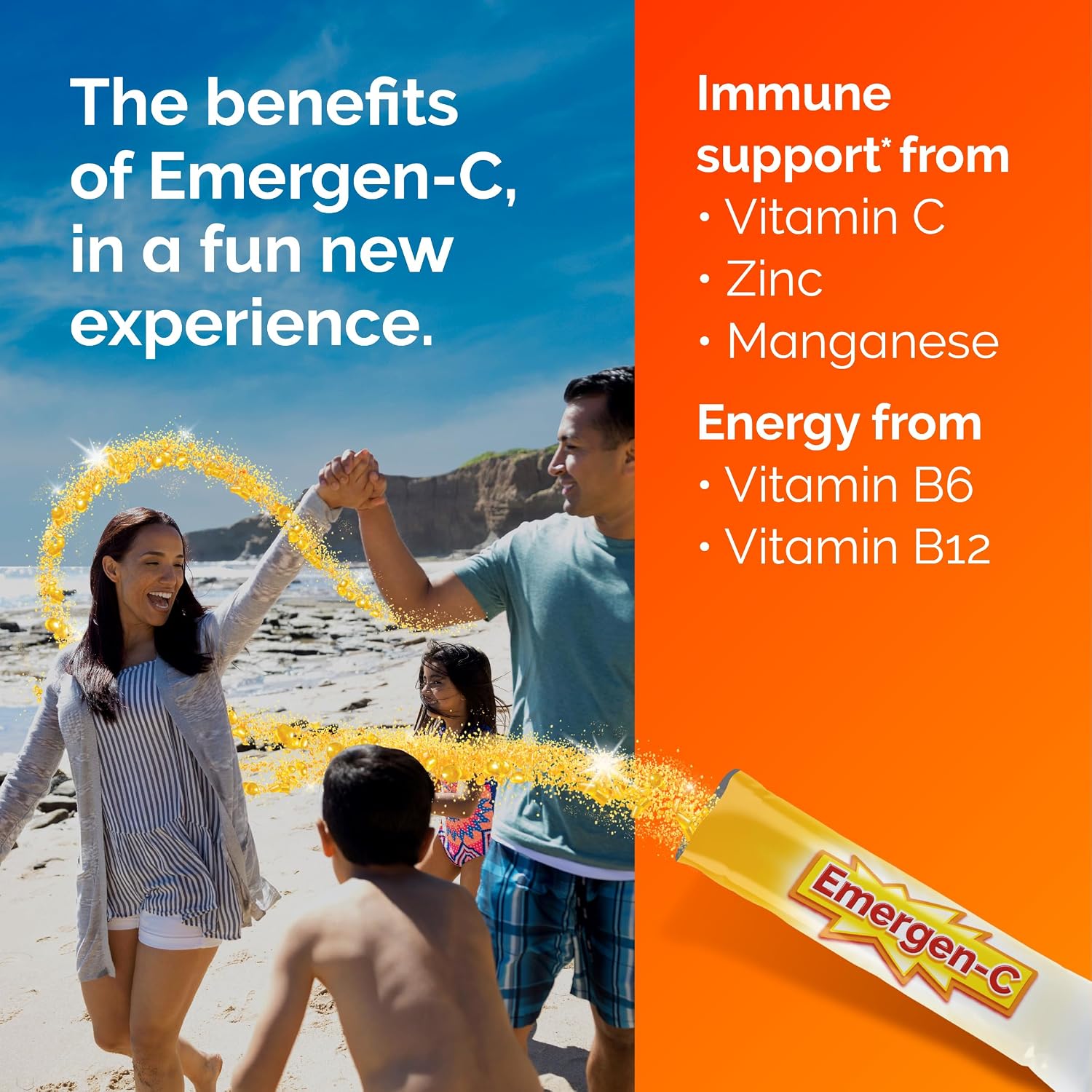 Emergen-C Crystals, Complemento Alimenticio con Vitamina C, Vitaminas del Grupo B, Zinc y Manganeso, Sabor Naranja Vitalidad - 56 Sticks