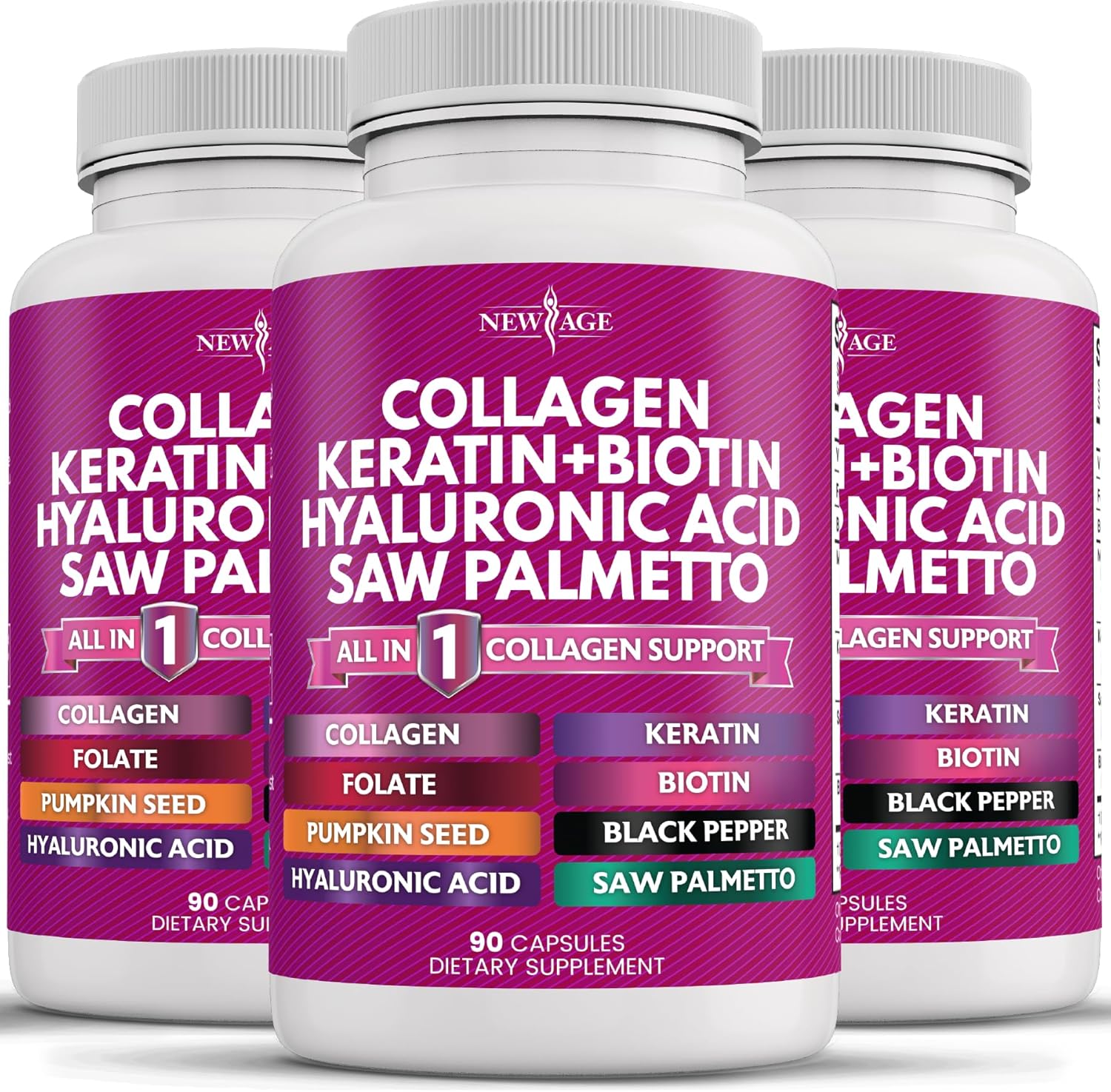 NEW AGE Colágeno con Biotina, Queratina, Saw Palmetto, Ácido Hialurónico, Vitamina E, Ácido Fólico, Semilla de Calabaza y MSM - 270 Cápsulas