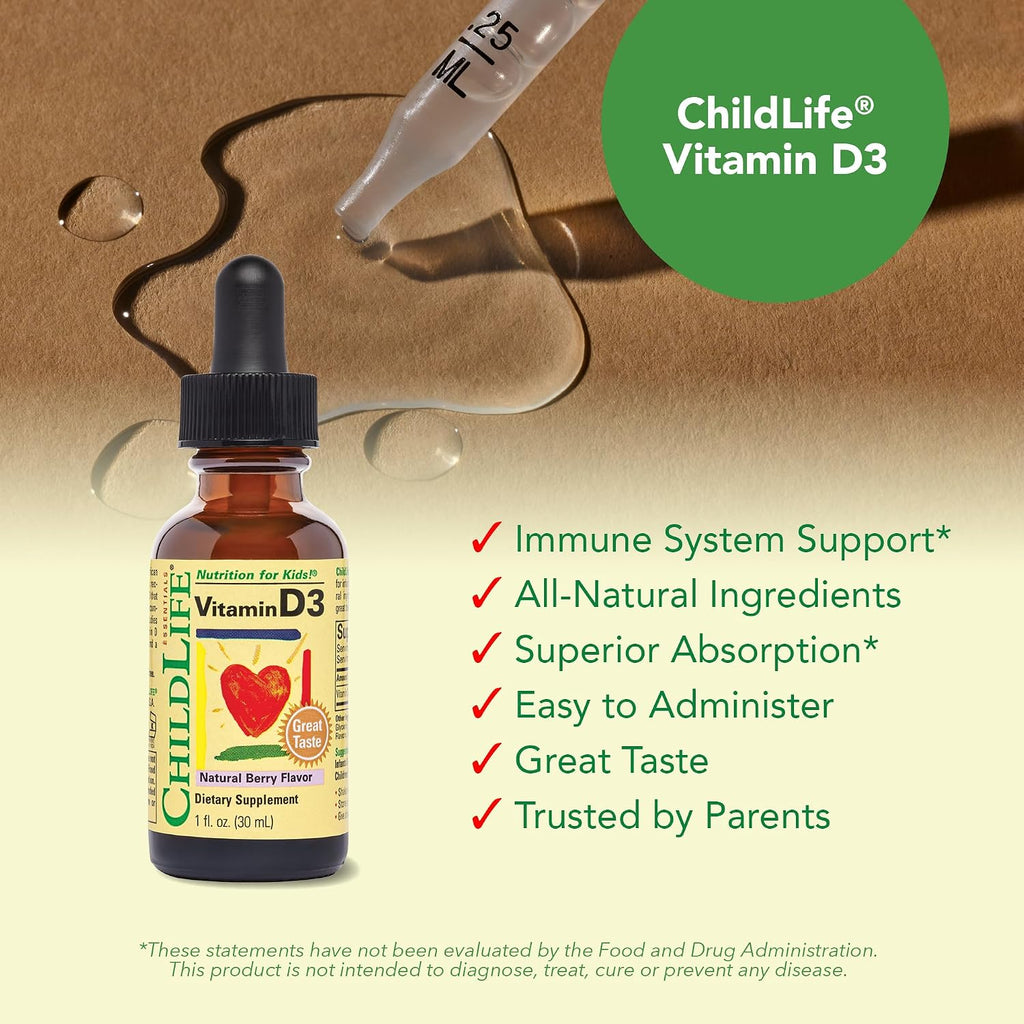 ChildLife Essentials Gotas de Vitamina D3 para Bebés - 500 IU, Sabor a Bayas, 2 Envases
