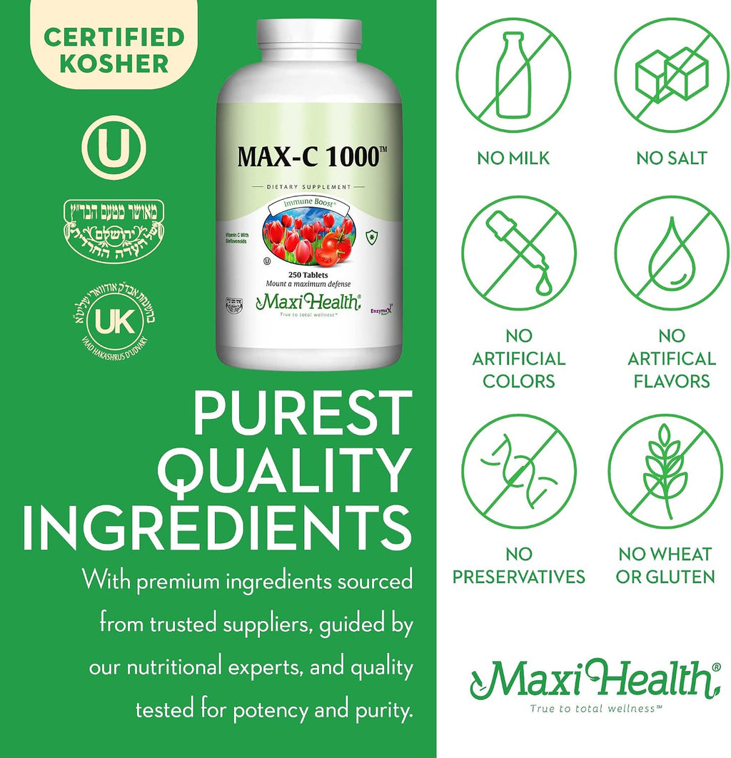Maxi Health Vitamina C 1000 mg - 250 Comprimidos con Bioflavonoides de Limón y Enzymax