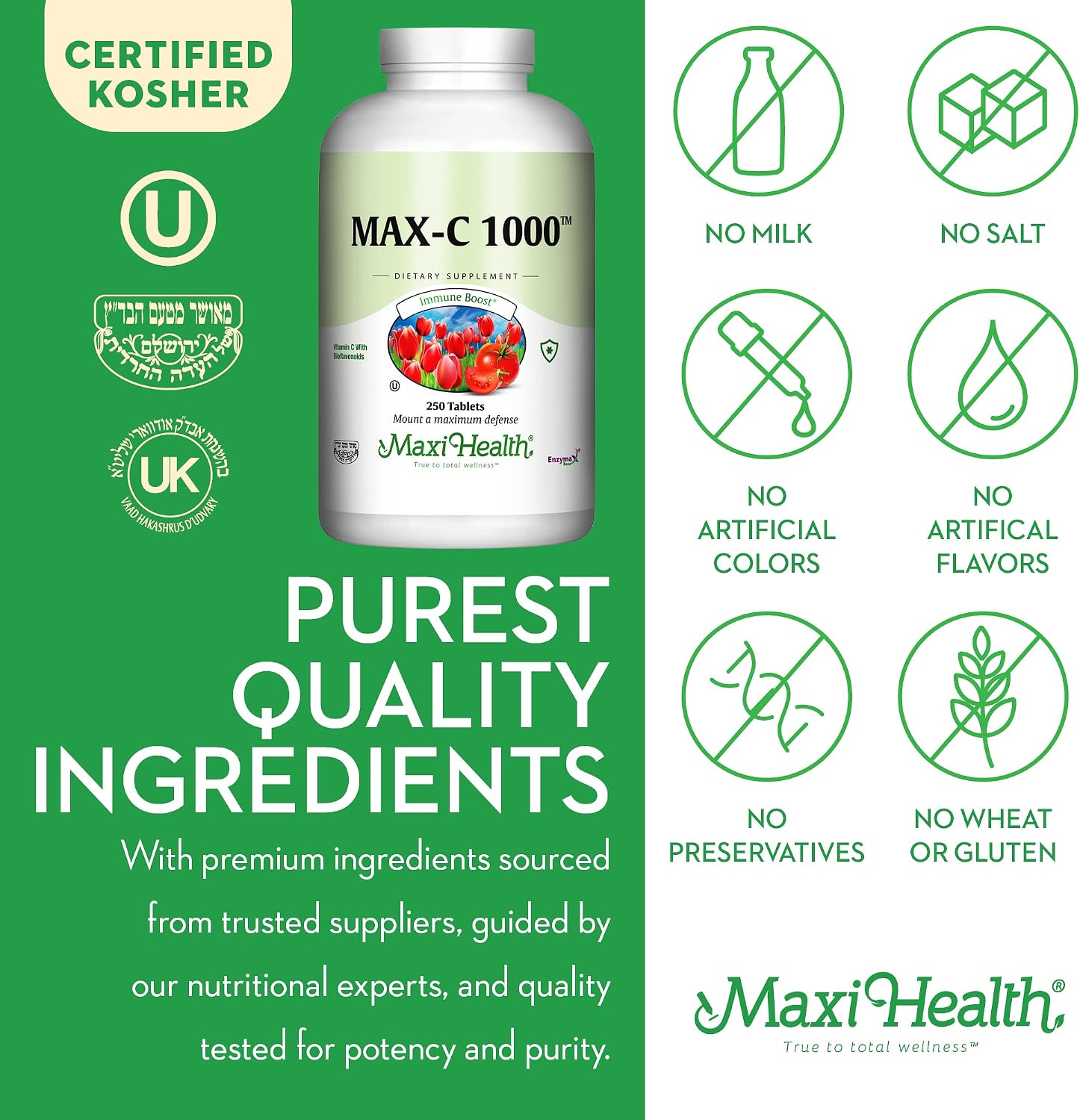 Maxi Health Vitamina C 1000 mg - 250 Comprimidos con Bioflavonoides de Limón y Enzymax