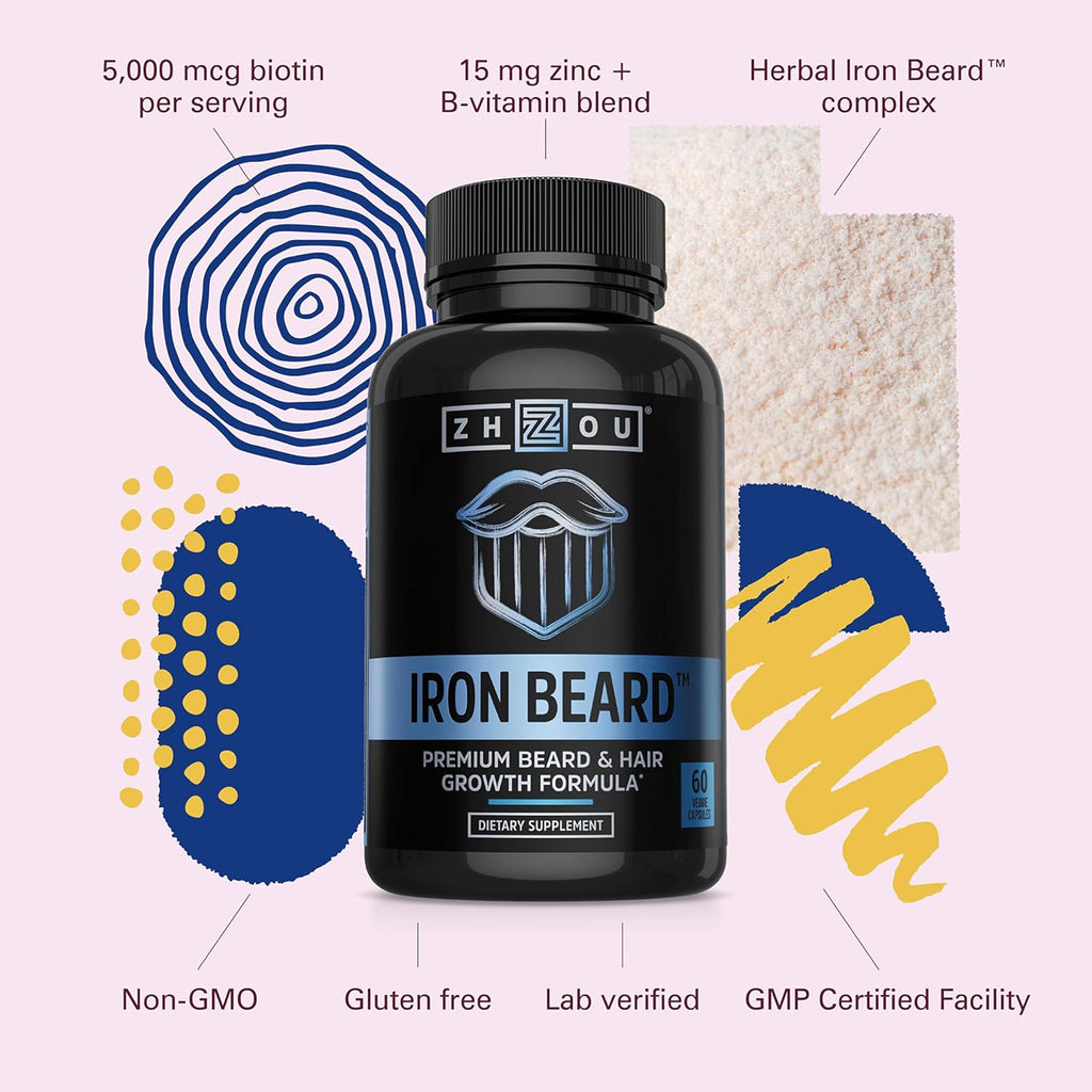 Zhou Iron Beard - Vitaminas para el Crecimiento de Barba con Biotina, Saw Palmetto y Vitaminas B - 60 Cápsulas Veganas