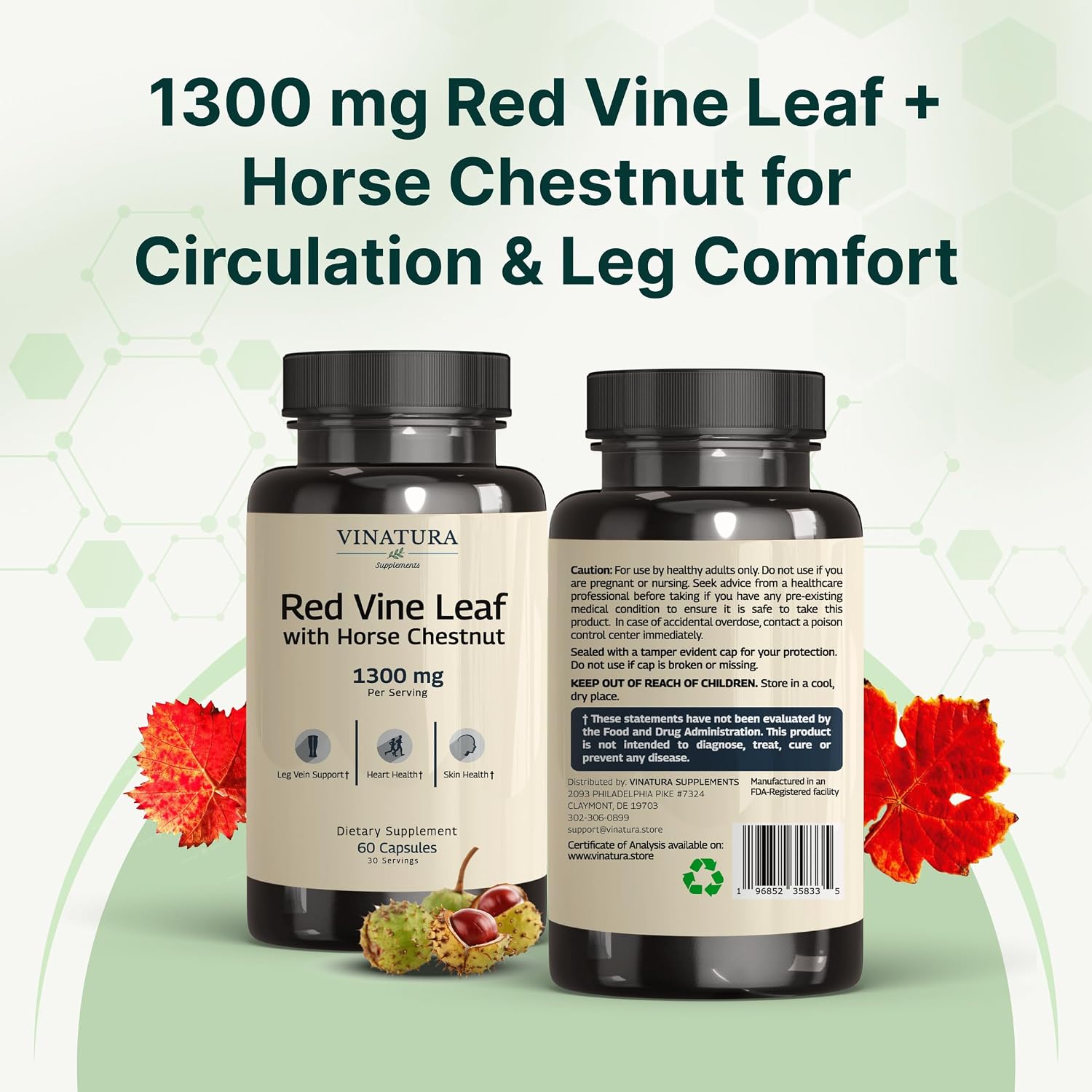 VINATURA Extracto de Hoja de Vid Roja y Castaño de Indias - 1300mg por dosis - 60 Cápsulas