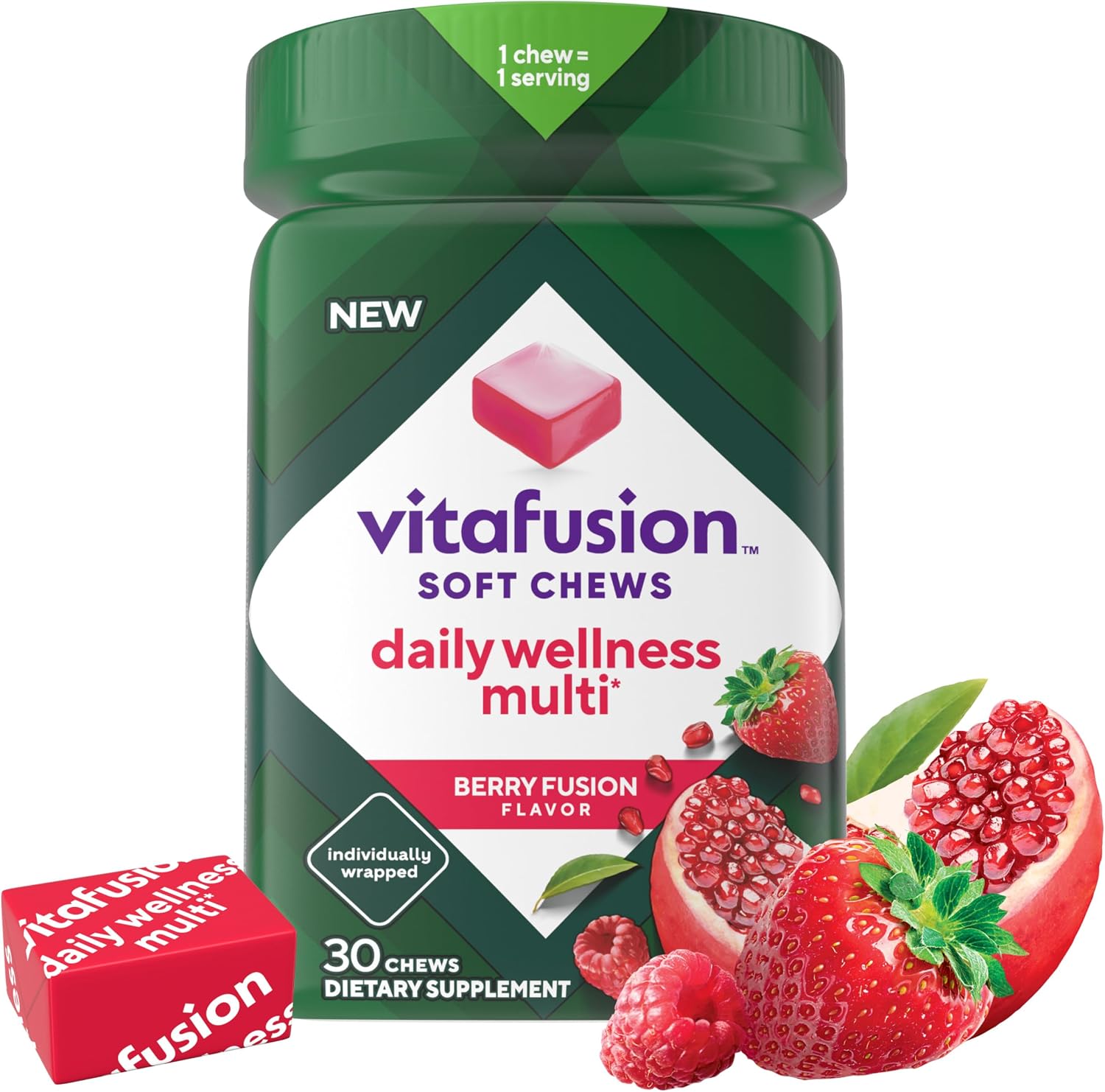 Vitafusion Soft Chews Daily Wellness Multi - Multivitamínico Masticable para Adultos, Envueltos Individualmente, Sabor Berry Fusion, 30 Chews (30 Días)