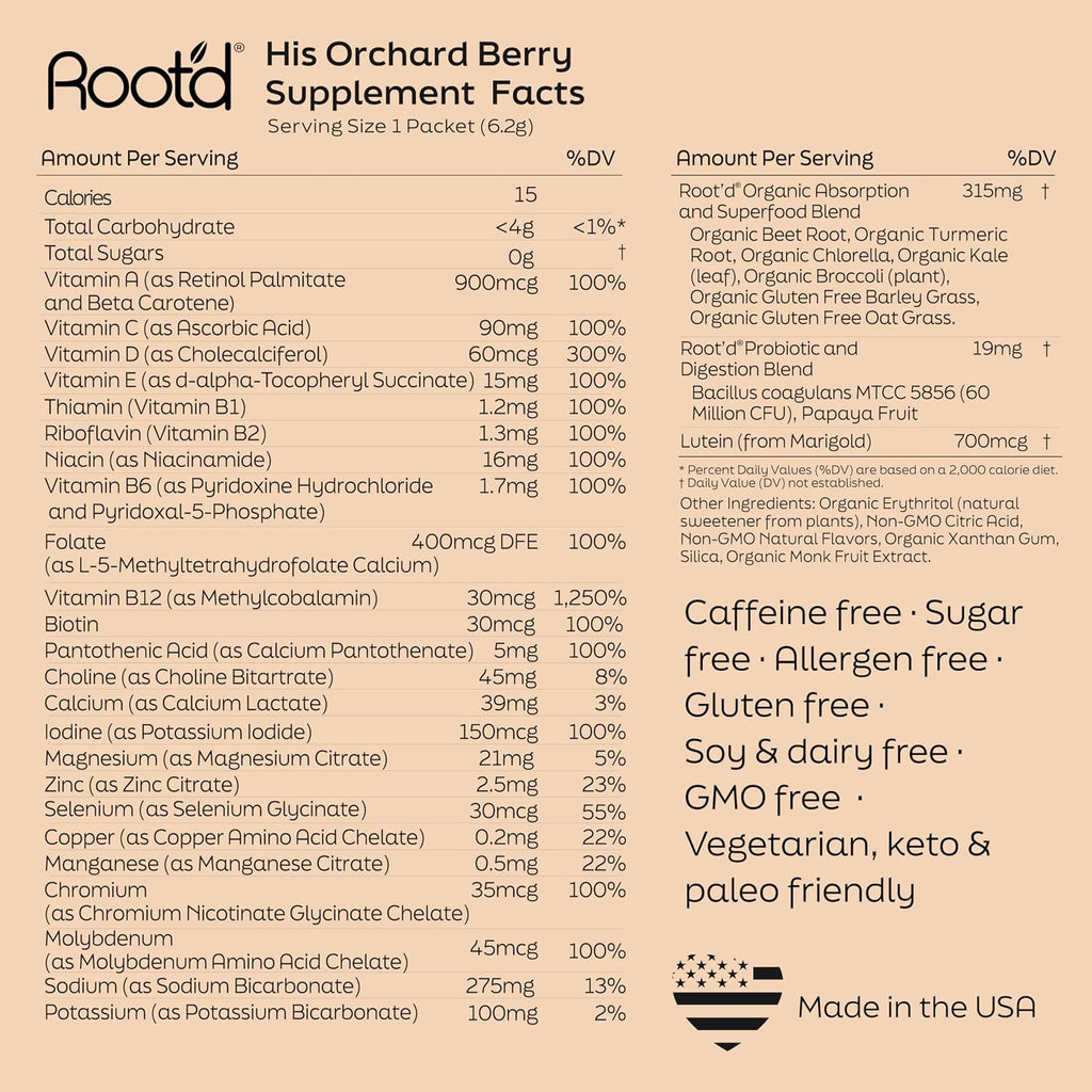 Root'd Multivitamínico en Polvo para Hombres con 3x Electrolitos - 24 Vitaminas y Minerales, 9 Superalimentos Orgánicos, Probióticos y Enzimas, Sin Azúcar | 24 Sobres