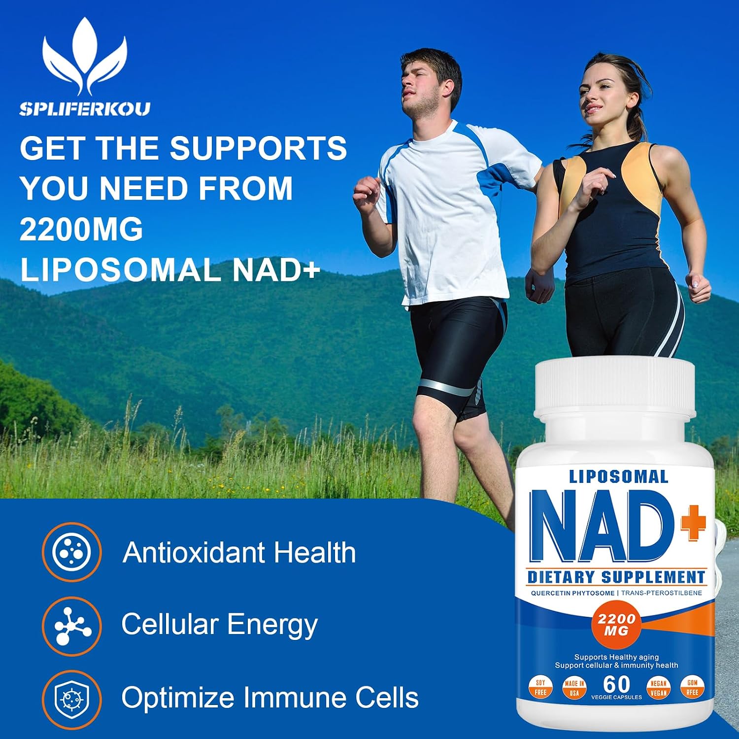 Spliferkou NAD+ Liposomal 2200mg, 60 Cápsulas | Suplemento de NAD+ para Energía Celular y Envejecimiento Saludable