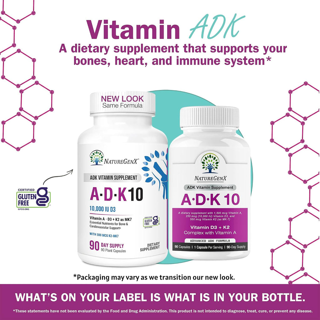 NatureGenX ADK10 – Vitaminas A, D3 y K2 MK-7 (90 Cápsulas)
