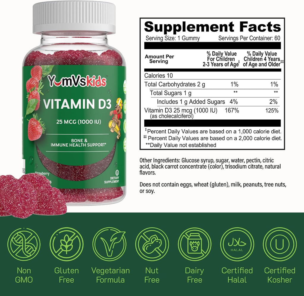 YUM-V's Gomitas de Vitamina D3 para Niños - 1000 UI - 60 Gomitas