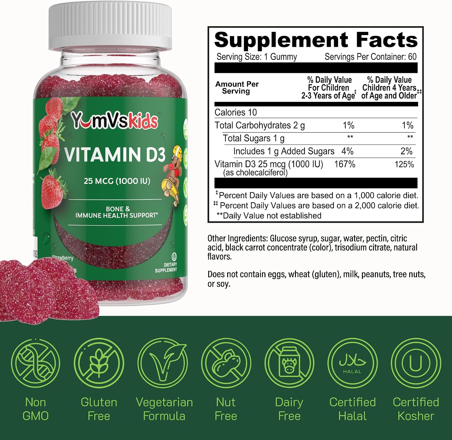 YUM-V's Gomitas de Vitamina D3 para Niños - 1000 UI - 60 Gomitas