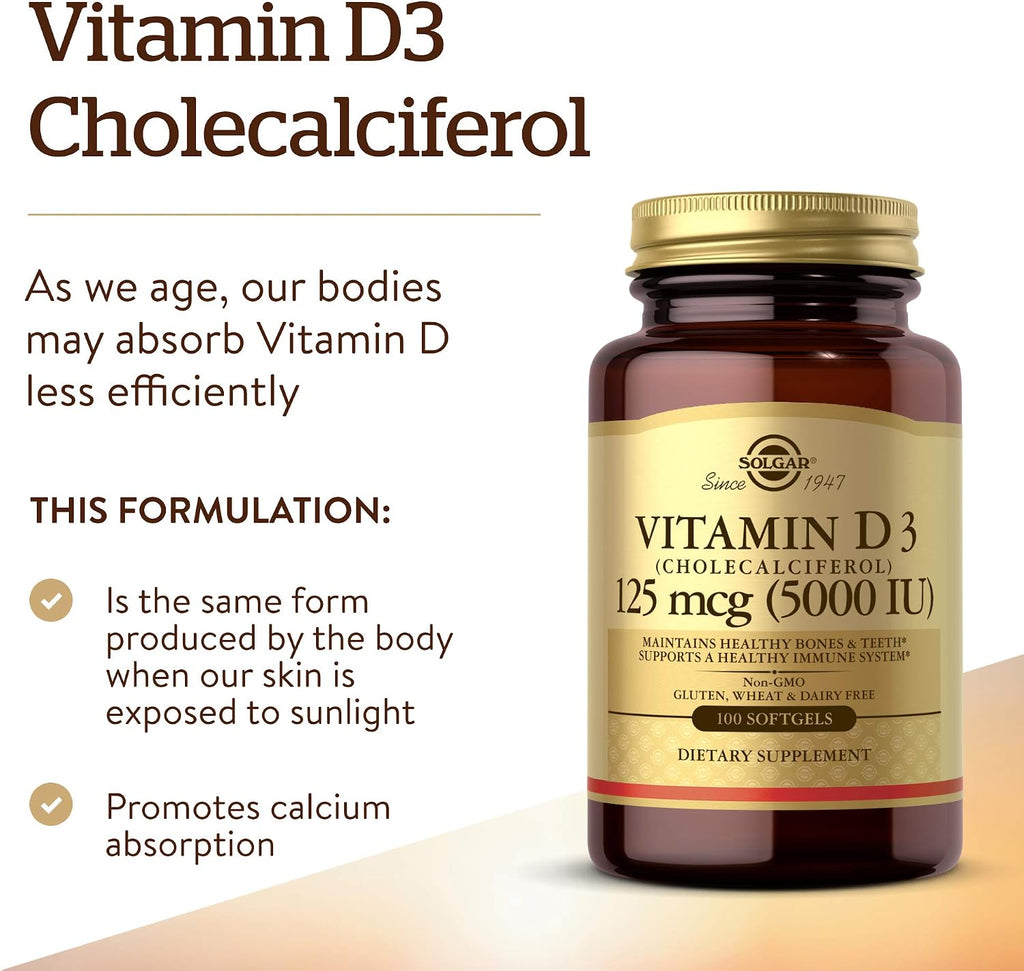 Solgar Vitamina D3 (Colecalciferol) 125 mcg (5000 UI), 100 Cápsulas Blandas