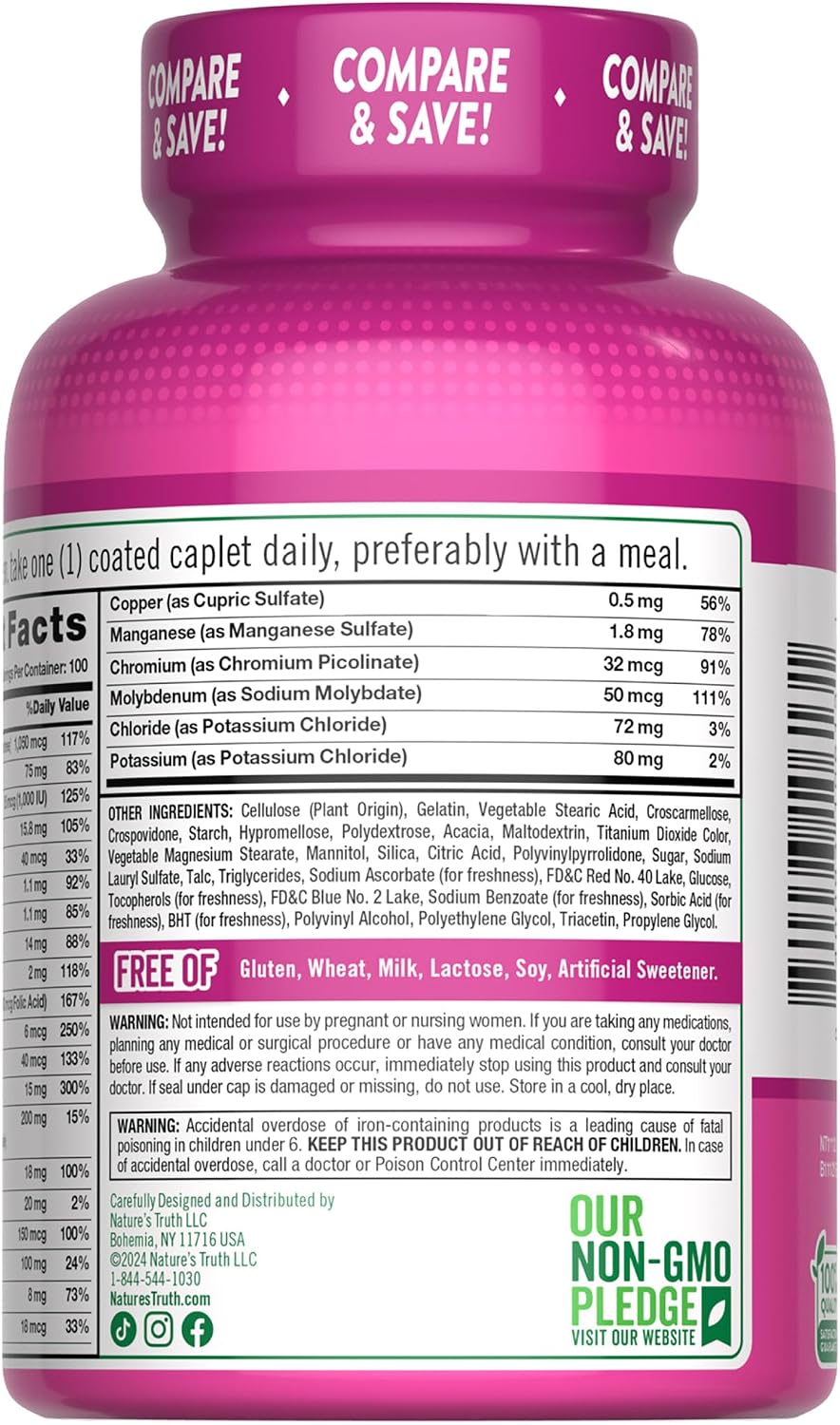 Nature's Truth Multivitamínico para Mujeres con Hierro | 100 Comprimidos | Sin OGM y Sin Gluten