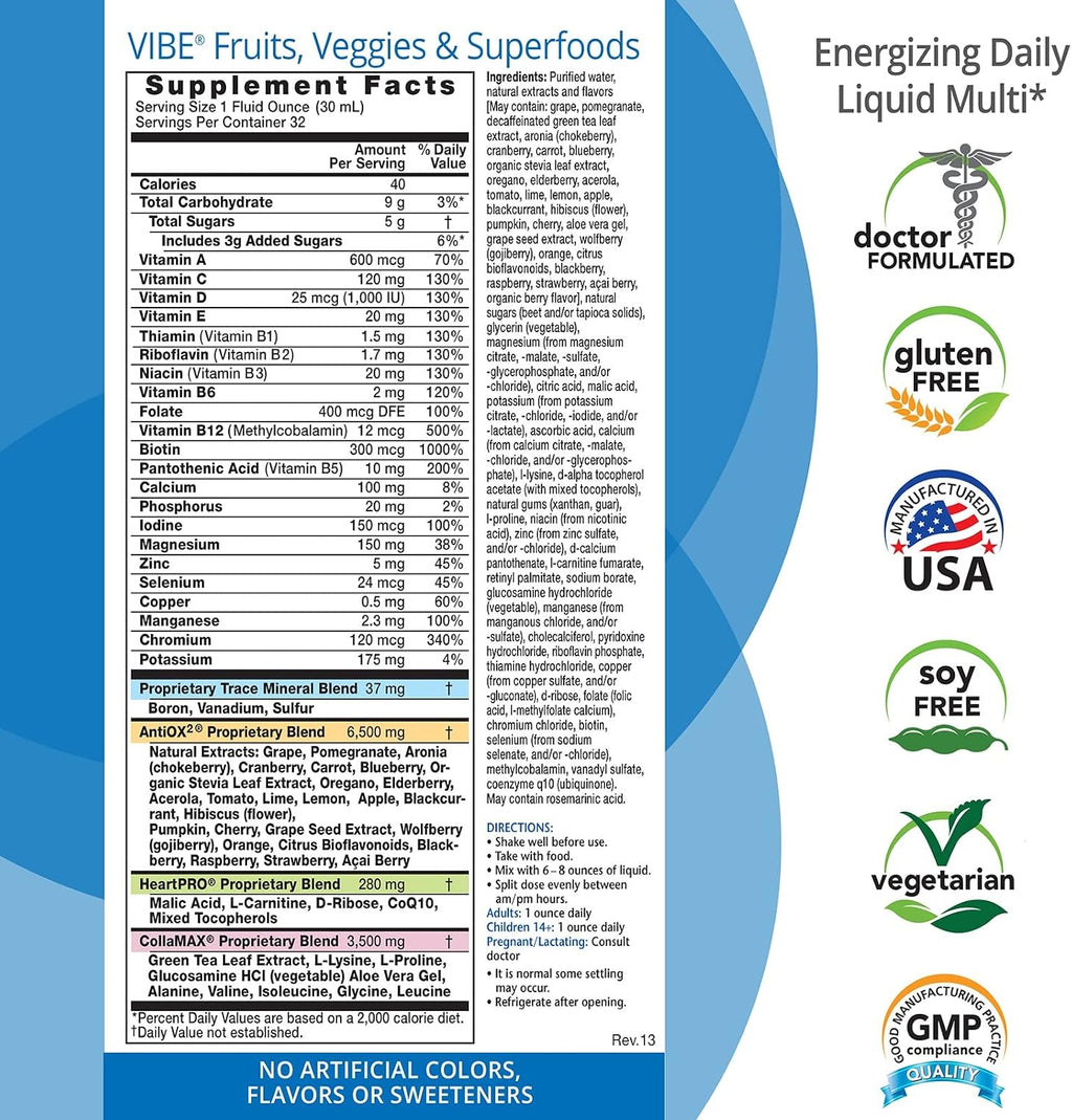 Eniva Health VIBE Multivitamínico Líquido - 32 Vitaminas, Minerales y Fitonutrientes - Suplemento Diario para Hombres y Mujeres - 950 ml