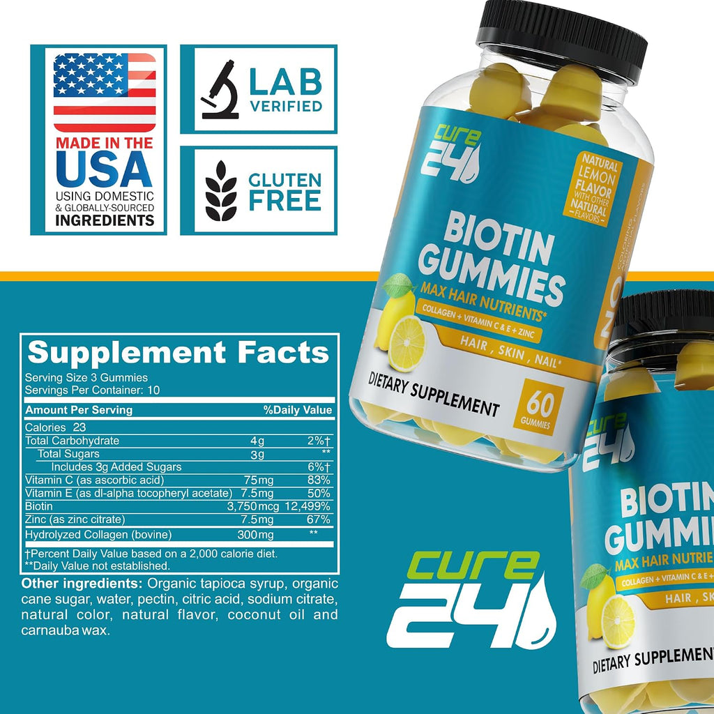 Cure24 - Gominolas de Biotina con Vitamina C, E, Colágeno y Zinc - 60 Gominolas