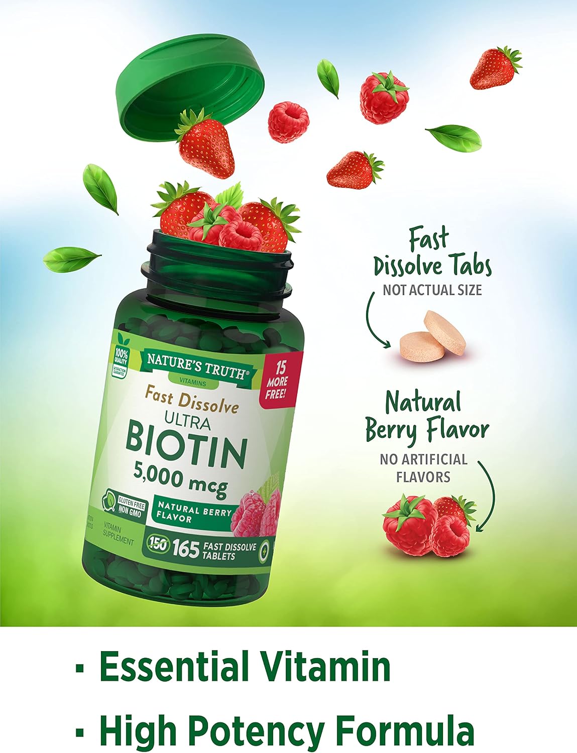Nature's Truth Ultra Biotin 5000mcg - 165 Comprimidos de Disolución Rápida Sabor Berry