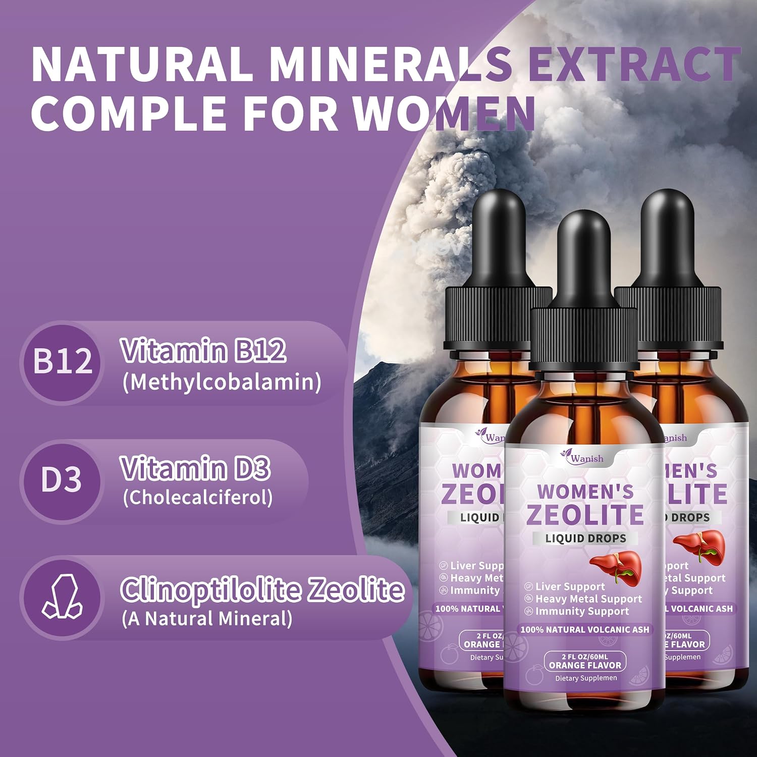 Premium Zeolite Drops para Mujer - 99%+ Ceniza Volcánica Natural Pura, Vegano, Sin OGM, Sin Azúcar - Apoya la Salud Inmunitaria, Metabolismo y Energía (177 ml)
