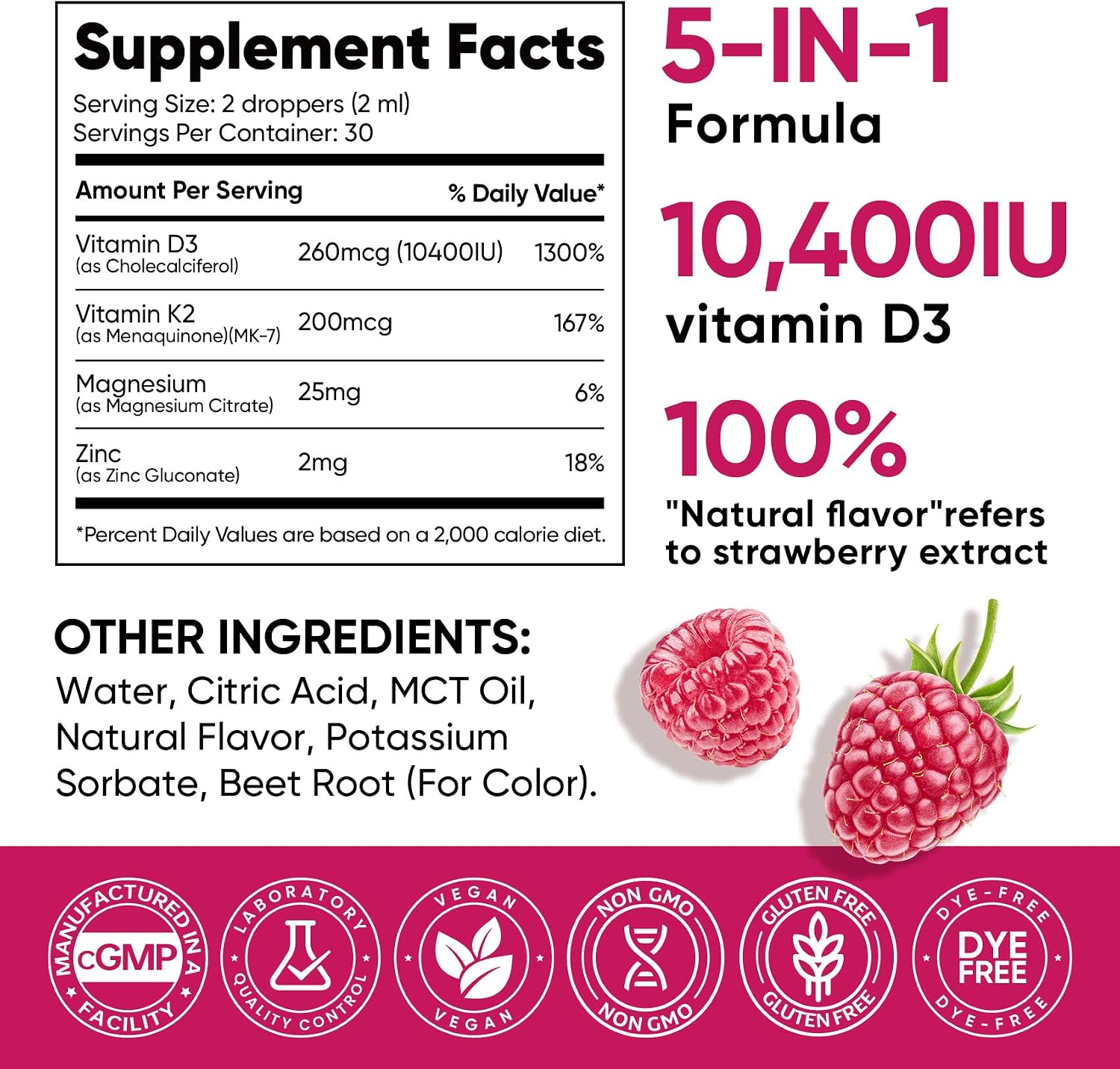 5-in-1 Vitamin D3 K2 Drops - 10000 UI D3 y 200 mcg K2 (MK-7) con Magnesio, Zinc y MCT Oil