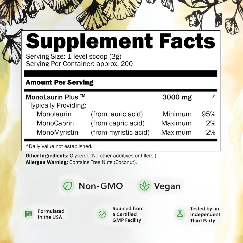 UltraLaurin Monolaurin – 3000 mg por dosis – 200 porciones – Vegano