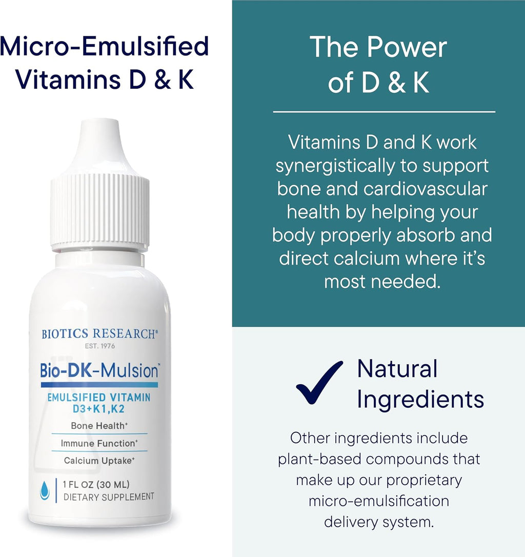 BIOTICS RESEARCH Bio-DK-Mulsion – Vitamina D3 y K Líquida Emulsificada, 1 fl oz