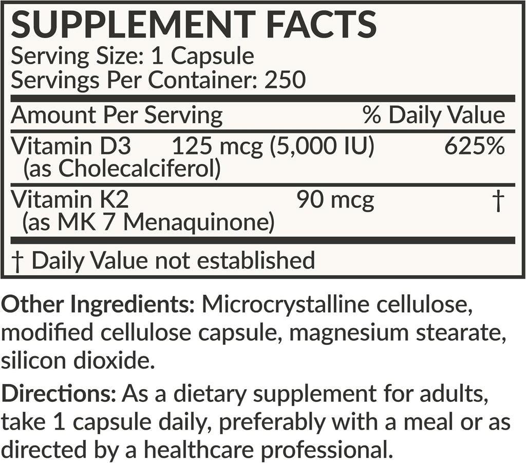 Futurebiotics Vitamina D3 + K2 (MK-7) - 5000 UI D3, 90 mcg K2 - 250 Cápsulas Vegetarianas